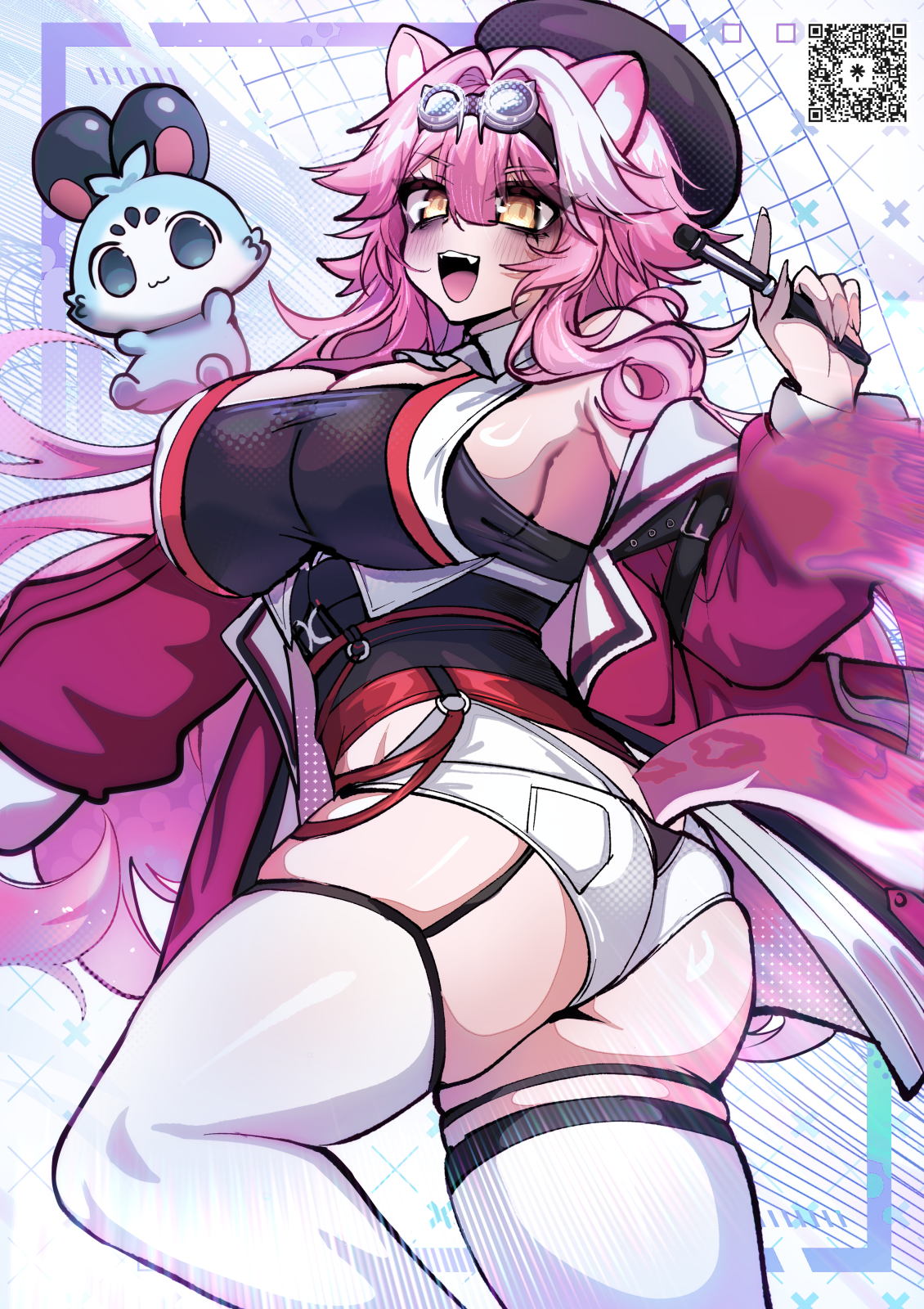 osiimi, chattino (raora panthera), raora panthera, raora panthera (1st costume), hololive, hololive english, commentary, english commentary, highres, 1girl, :3, animal ears, ascot, ass, beret, black garter straps, black hat, blue background, blush, breasts, coat, eyeshadow, fangs, fingernails, garter straps, goggles, goggles on head, hair between eyes, hair intakes, hat, holding, holding stylus, large breasts, long hair, long sleeves, makeup, multicolored hair, open clothes, open coat, open mouth, panther ears, panther girl, panther tail, pink coat, pink eyeshadow, pink hair, pink tail, qr code, shirt, shorts, single garter strap, smile, streaked hair, stylus, tail, teeth, thigh strap, thighhighs, thighs, twisted torso, underbust, upper teeth only, virtual youtuber, white ascot, white background, white hair, white shirt, white shorts, white thighhighs, yellow eyes
