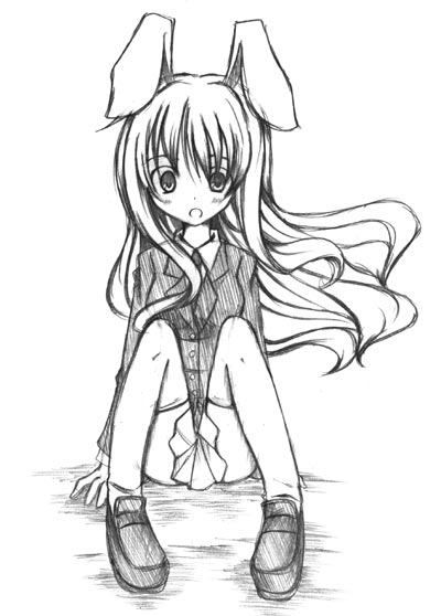 miwa maku, reisen udongein inaba, touhou, 1girl, animal ears, female focus, full body, greyscale, monochrome, rabbit ears, skirt, solo, white background