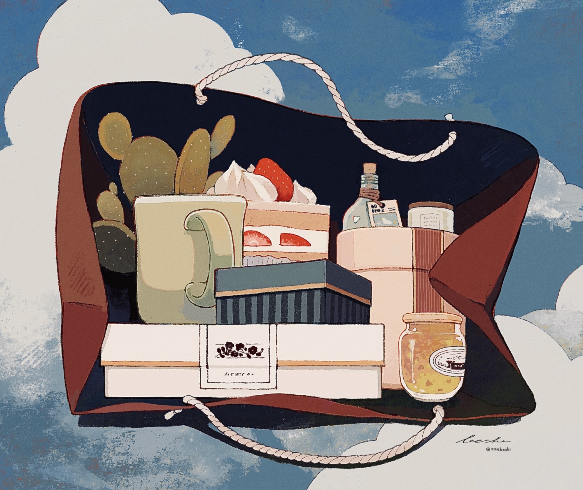 ka (996beshi), original, highres, bag, bottle, box, cactus, cake, cake slice, cup, food, jar, mug, no humans, shopping bag, signature, strawberry cake
