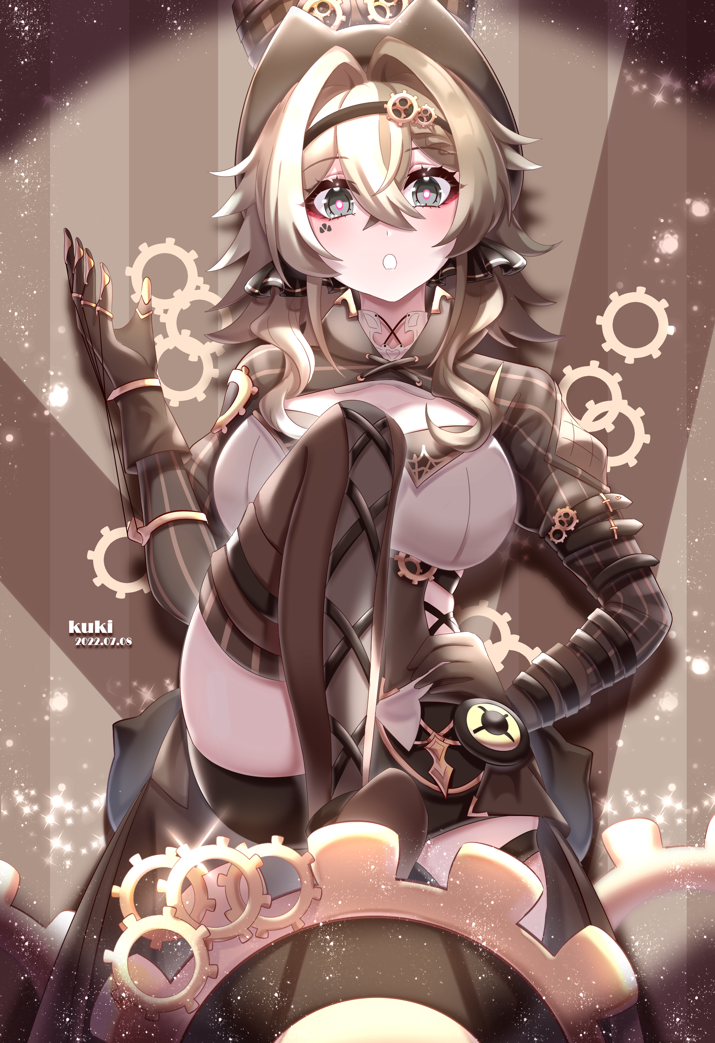 cutescookie, vill-v, honkai (series), honkai impact 3rd, absurdres, commentary request, highres, 1girl, artist name, boots, breasts, brown boots, brown gloves, brown hair, corset, dated, gloves, grey eyes, hair intakes, hat, lace-up boots, large breasts, looking at viewer, medium hair, shrug (clothing), solo, spotlight, thigh boots, thighs, top hat, white corset