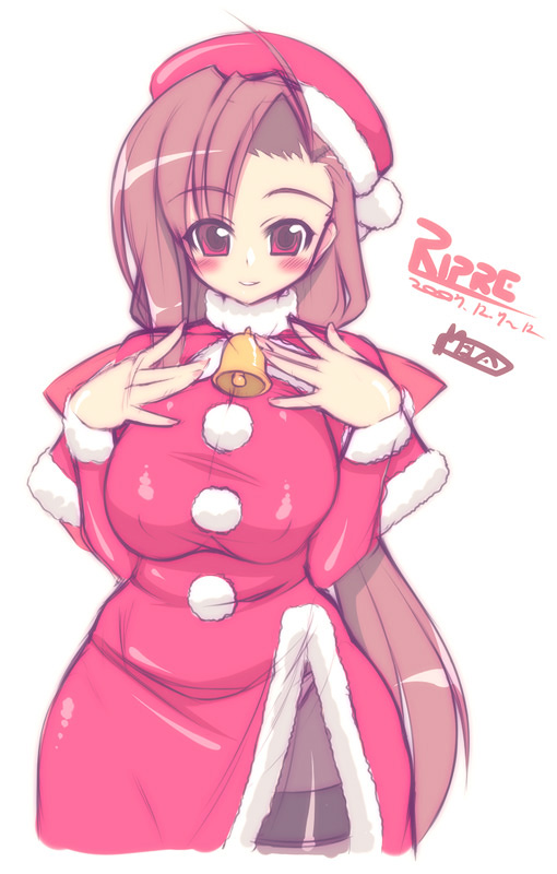 mel/a, ripre, original, 1girl, asymmetrical bangs, bell, blush, breasts, brown hair, christmas, clothes lift, female focus, hat, huge breasts, long hair, panties, panties under pantyhose, pantyhose, red eyes, santa costume, santa hat, skirt, skirt lift, solo, thighband pantyhose, underwear, upskirt, very long hair
