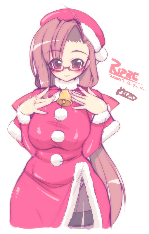 mel/a, ripre, original, 1girl, asymmetrical bangs, bell, blush, breasts, breasts squeezed together, brown hair, christmas, clothes lift, female focus, glasses, hat, huge breasts, long hair, panties, panties under pantyhose, pantyhose, red eyes, santa costume, santa hat, skirt, skirt lift, solo, thighband pantyhose, underwear, upskirt, very long hair
