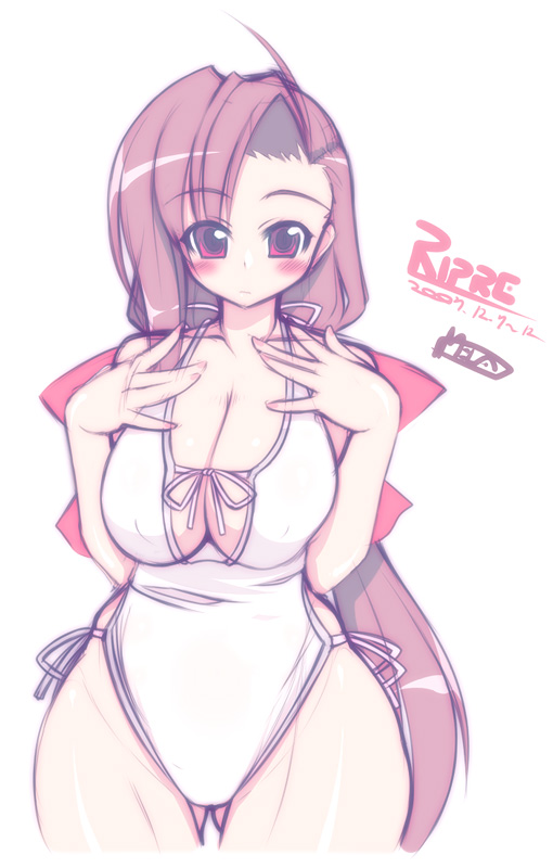 mel/a, ripre, original, 1girl, asymmetrical bangs, blush, bow, breasts, breasts squeezed together, brown hair, cleavage, female focus, huge breasts, long hair, one-piece swimsuit, plump, red eyes, solo, swimsuit, very long hair