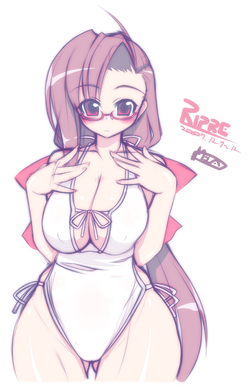 mel/a, ripre, original, 1girl, asymmetrical bangs, bespectacled, bikini, blush, breasts, breasts squeezed together, brown hair, female focus, glasses, hip focus, huge breasts, long hair, one-piece swimsuit, red eyes, side-tie bikini bottom, simple background, solo, swimsuit, very long hair, wide hips