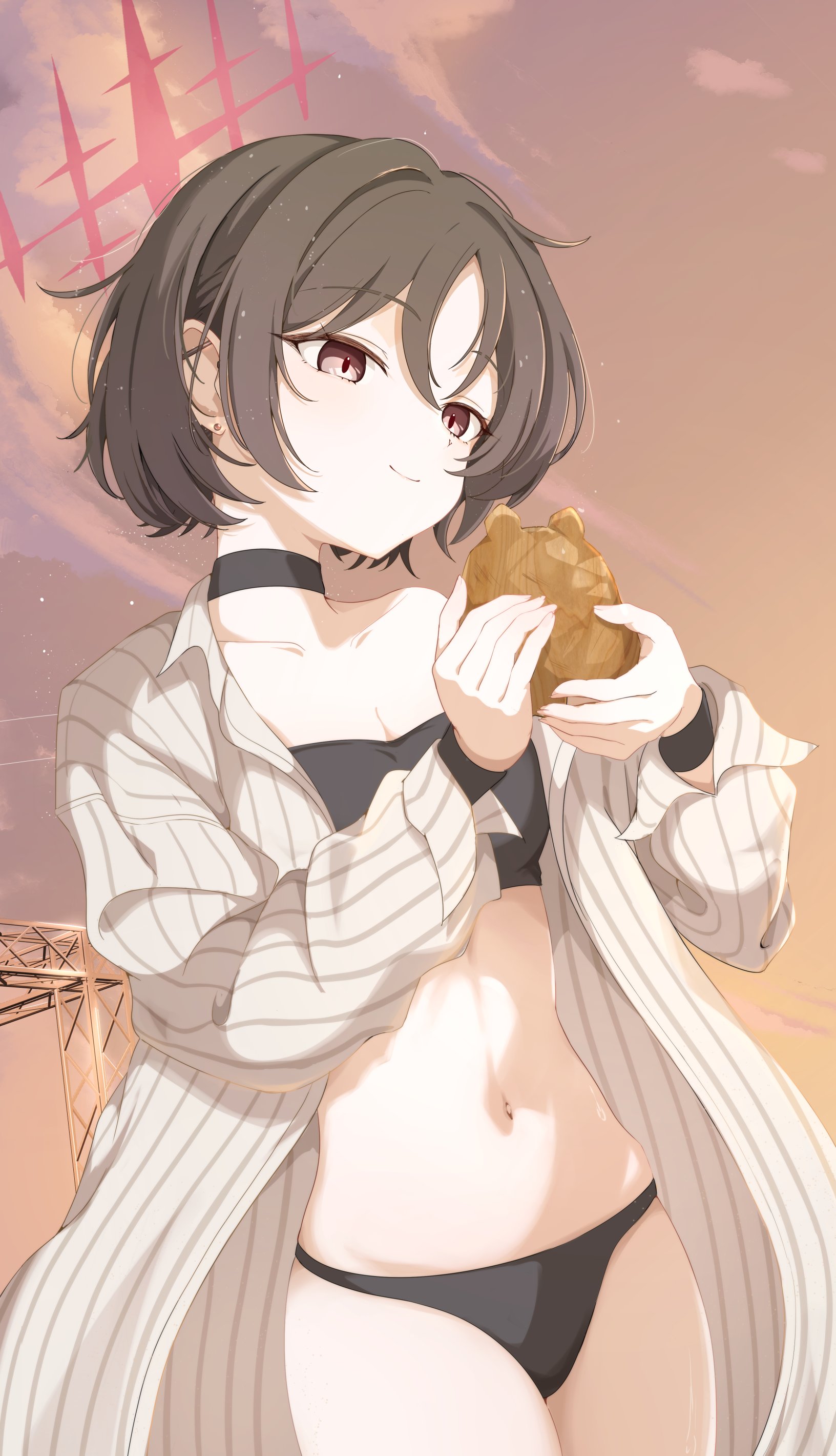 hello-ghiblisan, misaki (blue archive), misaki (swimsuit) (blue archive), blue archive, absurdres, highres, 1girl, bikini, black bikini, black choker, black hair, blush, brown eyes, choker, ear piercing, food, halo, holding, holding toy, looking at object, navel, official alternate costume, open clothes, open shirt, outdoors, piercing, red halo, shirt, short hair, smile, stage connection, strapless, strapless bikini, striped clothes, striped shirt, sunset, swimsuit, toy