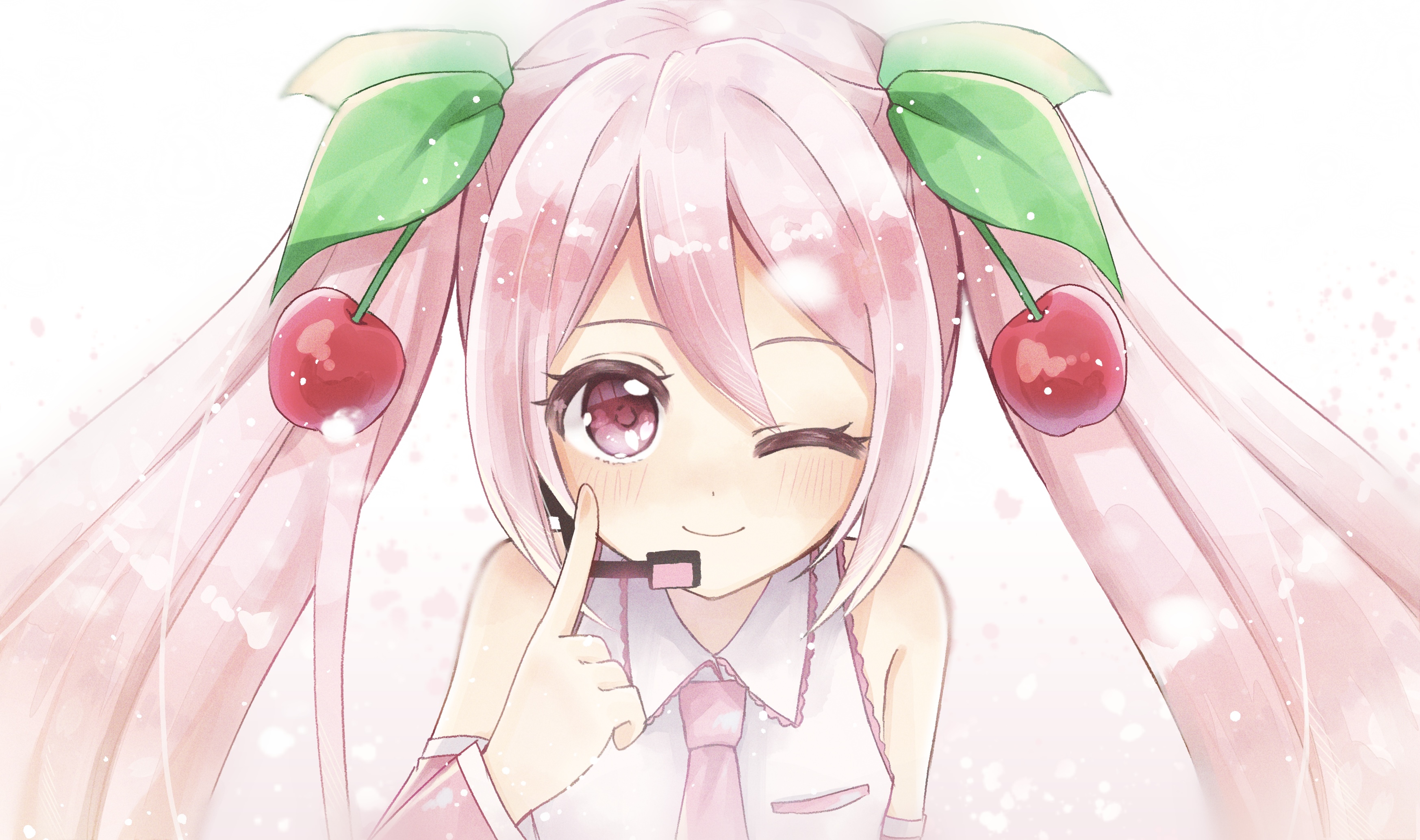 hatsune miku, sakura miku, vocaloid, absurdres, highres, 1girl, bare shoulders, breast pocket, cherry hair ornament, closed mouth, collared shirt, detached sleeves, dot nose, eyelashes, finger to cheek, food-themed hair ornament, gradient background, hair ornament, happy, headset, homu (pixiv 61217676), lace, lace-trimmed shirt, lace trim, leaf hair ornament, light blush, light particles, long hair, long sleeves, necktie, one eye closed, petals, pink eyes, pink hair, pink necktie, pink sleeves, pocket, shirt, sleeveless, sleeveless shirt, smile, solo, straight-on, tareme, upper body, very long hair, white background, white shirt