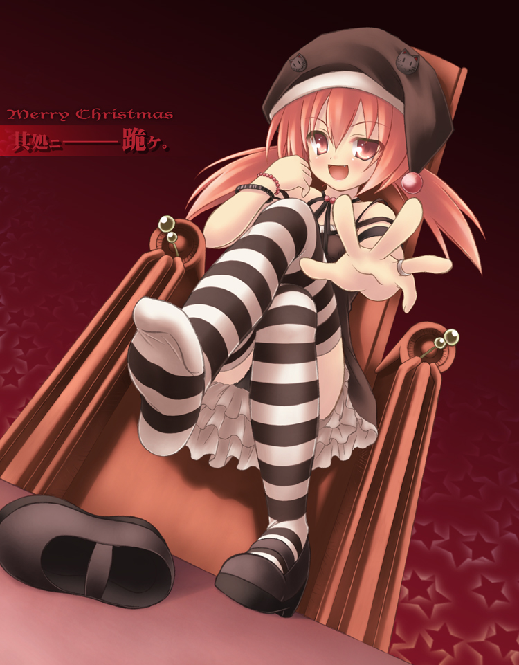 ryo (botugo), raise (ryo), original, 1girl, armchair, black & white, black panties, brown eyes, brown hair, chair, christmas, crossed legs, fang, feet, female focus, foreshortening, hat, merry christmas, open mouth, outstretched arm, panties, patterned legwear, reaching, red hair, shoes, single shoe, sitting, soles, solo, striped clothes, striped thighhighs, thighhighs, twintails, two-tone stripes, underwear, zettai ryouiki