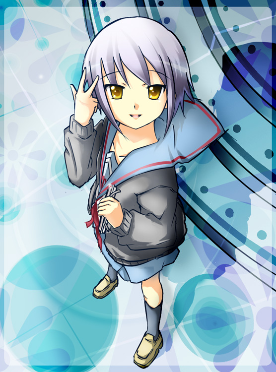 yoruie satsuki, nagato yuki, suzumiya haruhi no yuuutsu, 00s, from above, looking up, school uniform, serafuku, solo, standing, v, yellow eyes