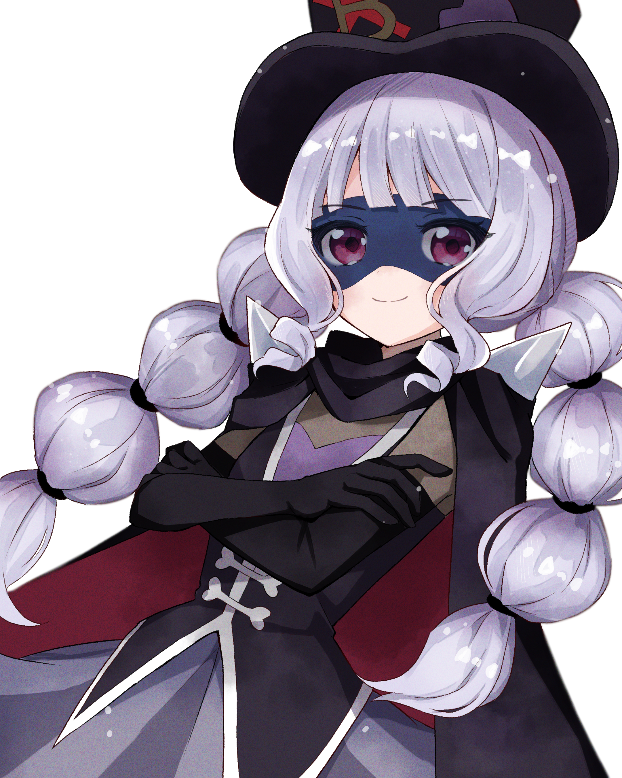 gentlu (precure), kasai amane, delicious party precure, precure, absurdres, highres, 1girl, black cape, black gloves, black hat, black mask, black skirt, black vest, bodysuit, cape, closed mouth, cowboy shot, crossed arms, elbow gloves, eye mask, eyelashes, gloves, grey bodysuit, grey hair, happy, hat, homu (pixiv 61217676), light blush, light particles, long hair, low twintails, miniskirt, multi-tied hair, pleated skirt, purple eyes, purple tube top, red cape, shoulder spikes, simple background, skirt, smile, solo, spikes, standing, strapless, top hat, tube top, twintails, two-sided cape, two-sided fabric, very long hair, vest, white background