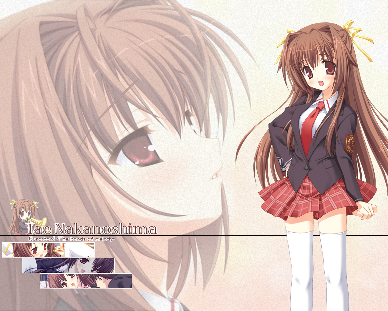 kobuichi, nakanoshima tae, bra-ban!, 1girl, blush, brown hair, hair ribbon, hand on own hip, hip focus, instrument, long hair, necktie, plaid clothes, plaid skirt, red eyes, ribbon, school uniform, serafuku, skirt, tareme, thighhighs, trombone, white thighhighs, zettai ryouiki, zoom layer