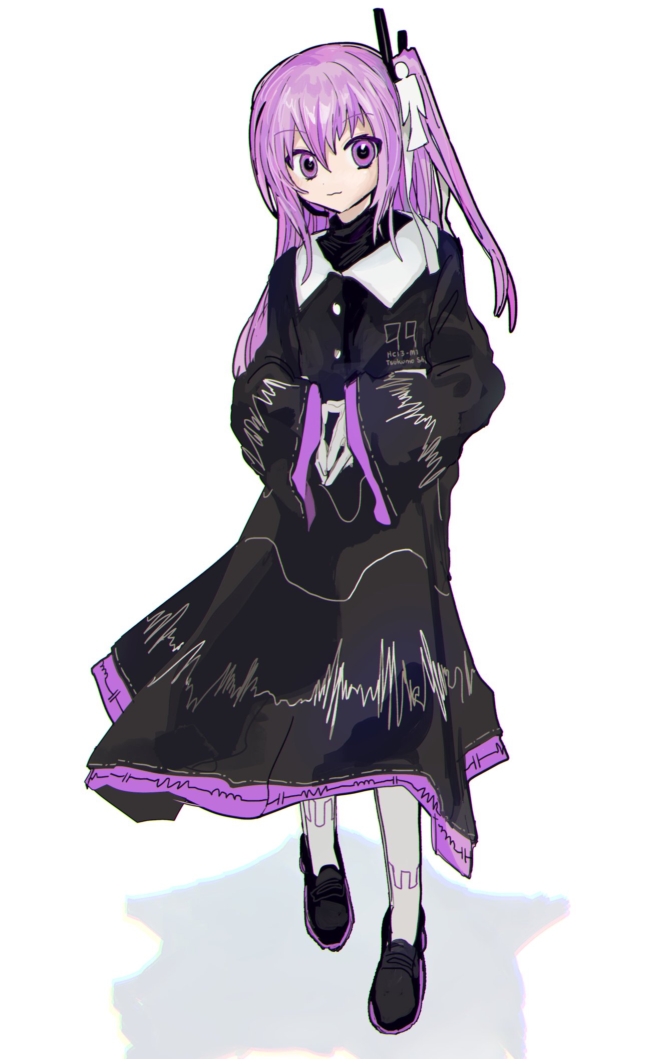 sanotsuki (mochi0101 831), tsukumo shion, utau, highres, 1girl, black dress, black shirt, black shoes, closed mouth, dress, full body, gloves, hair ornament, hair ribbon, long hair, long sleeves, looking at viewer, one side up, own hands together, pantyhose, purple eyes, purple hair, ribbon, shirt, shoes, simple background, solo, white background, white gloves, white pantyhose