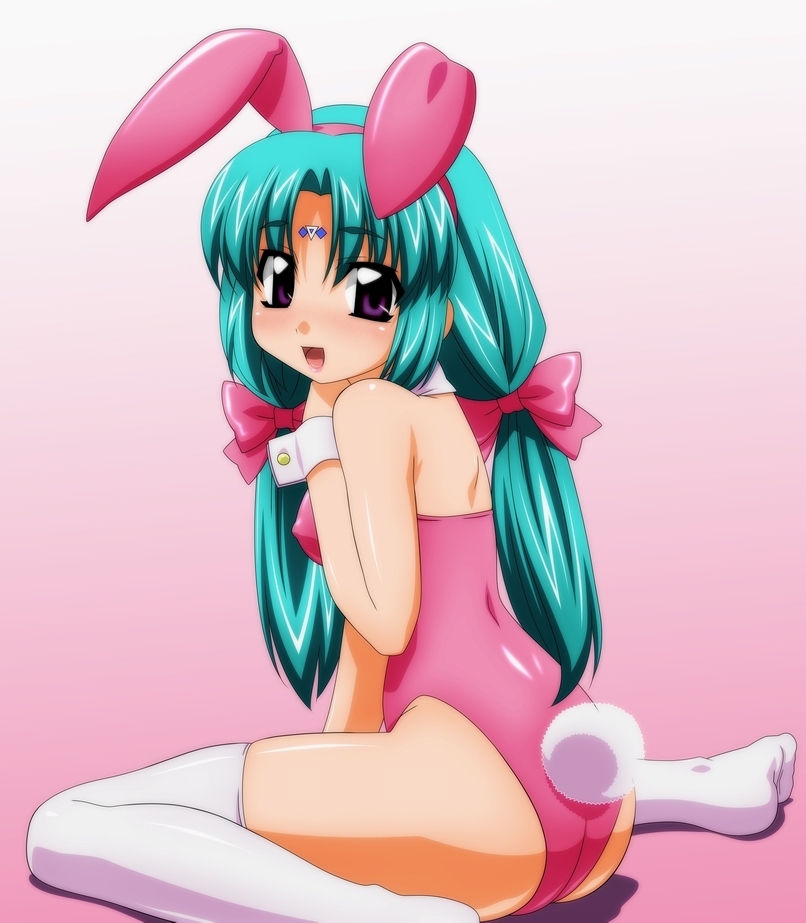 sugimura tomokazu, canal vorfeed, lost universe, 1990s (style), 1girl, animal ears, fake animal ears, female focus, gradient background, leotard, long hair, pink background, playboy bunny, rabbit, rabbit ears, rabbit tail, retro artstyle, ribbon, sitting, solo, tail, thighhighs, twintails, white thighhighs