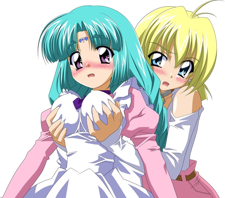sugimura tomokazu, canal vorfeed, millennium feria nocturne, lost universe, 1990s (style), 2girls, blush, breasts, grabbing another's breast, groping, large breasts, multiple girls, retro artstyle, waitress, yuri