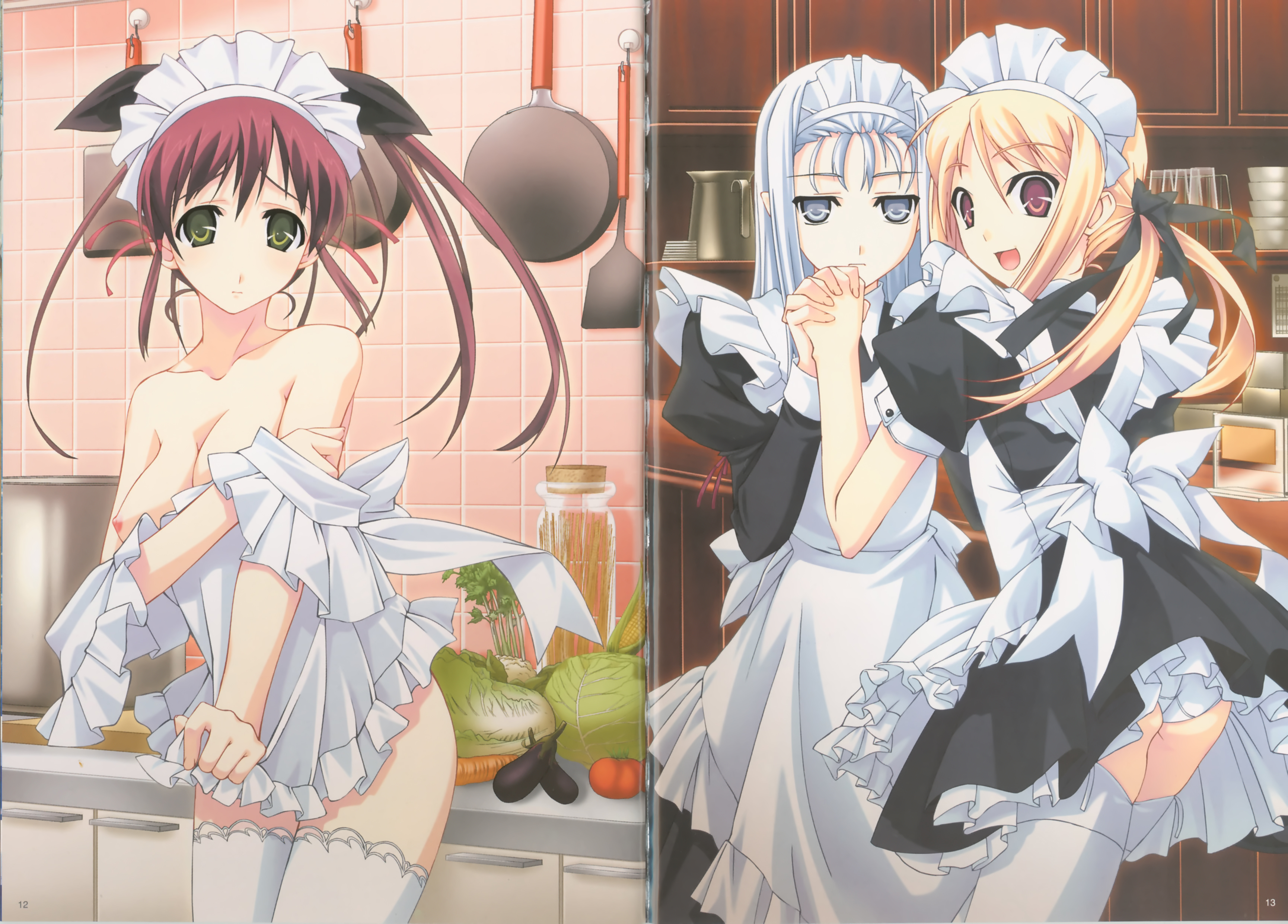murakami suigun, absurdres, highres, 3girls, apron, blonde hair, blue eyes, bow, breasts, brown hair, dress, green eyes, hair bow, kitchen, large breasts, maid, maid apron, multiple girls, naked apron, nipple slip, nipples, no bra, panties, pantyshot, red eyes, ribbon, thighhighs, underwear, white hair