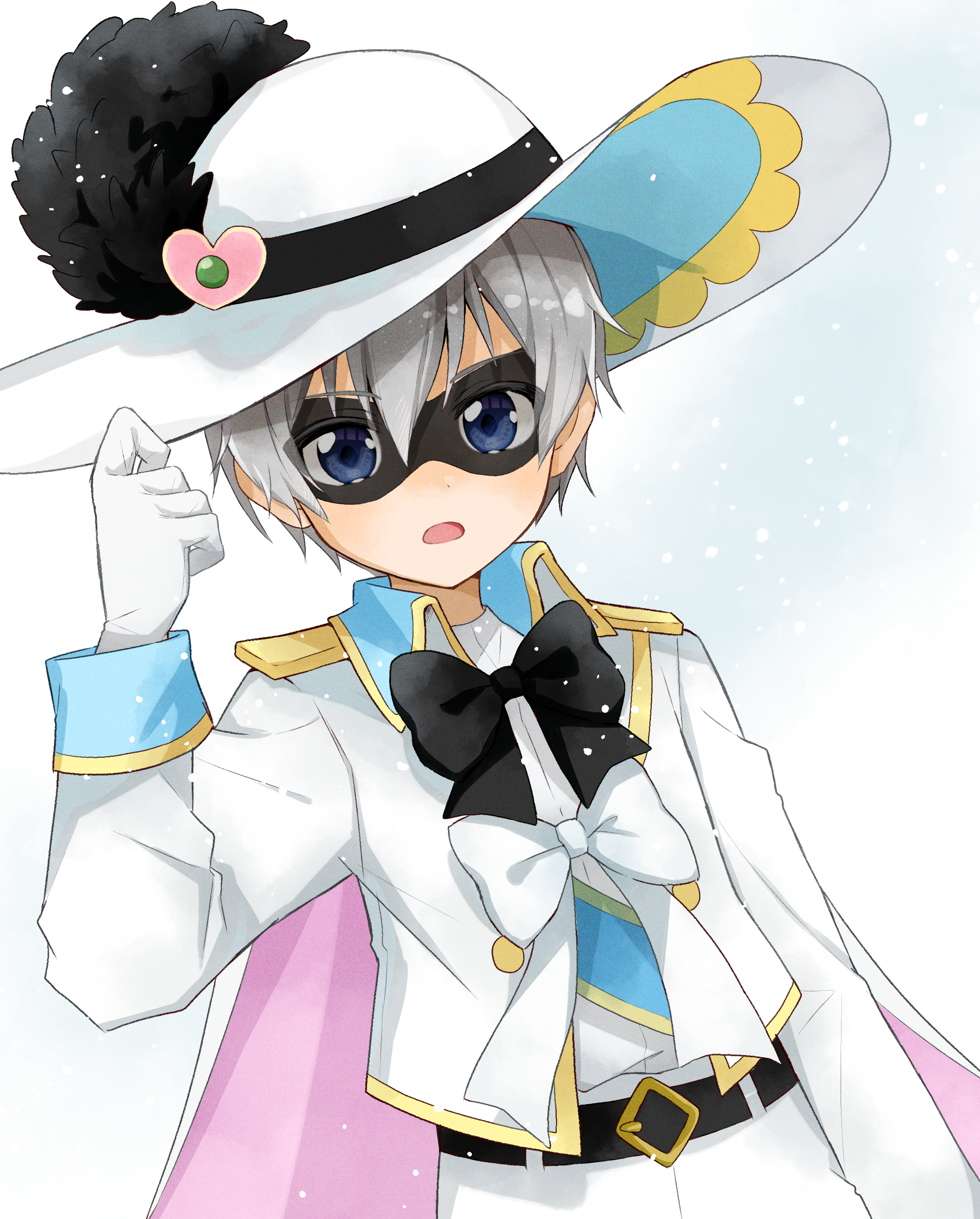 black pepper (precure), shinada takumi, delicious party precure, precure, absurdres, highres, 1boy, belt, belt buckle, black belt, black bow, black bowtie, black mask, blue eyes, blue sash, blue sleeve cuffs, bow, bowtie, buckle, cape, collared jacket, cowboy shot, diamond-shaped buckle, dot nose, dress pants, eye mask, formal clothes, gloves, gold buckle, grey hair, hair between eyes, hand on headwear, hat, hat feather, hat ornament, heart, heart hat ornament, homu (pixiv 61217676), jacket, light blush, light particles, long sleeves, magical boy, male focus, open mouth, pants, pink cape, pocket, sash, shirt, short hair, shoulder pads, sleeve cuffs, solo, standing, suit, sun hat, two-sided cape, two-sided fabric, two-sided headwear, white background, white bow, white bowtie, white cape, white gloves, white hat, white jacket, white pants, white shirt, white suit