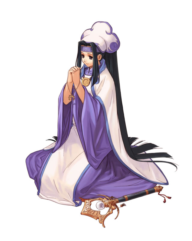 futaba jun, iris blanchimont, lilith (atelier iris), atelier (series), atelier iris, atelier iris eternal mana, gust, looking away, official art, 1girl, alchemist, black eyes, black hair, female focus, hat, headband, jewelry, long hair, magic, necklace, own hands clasped, own hands together, pendant, ponytail, praying, robe, scepter, seiza, sidelocks, simple background, sitting, smile, solo, very long hair, wand, white background, wide sleeves