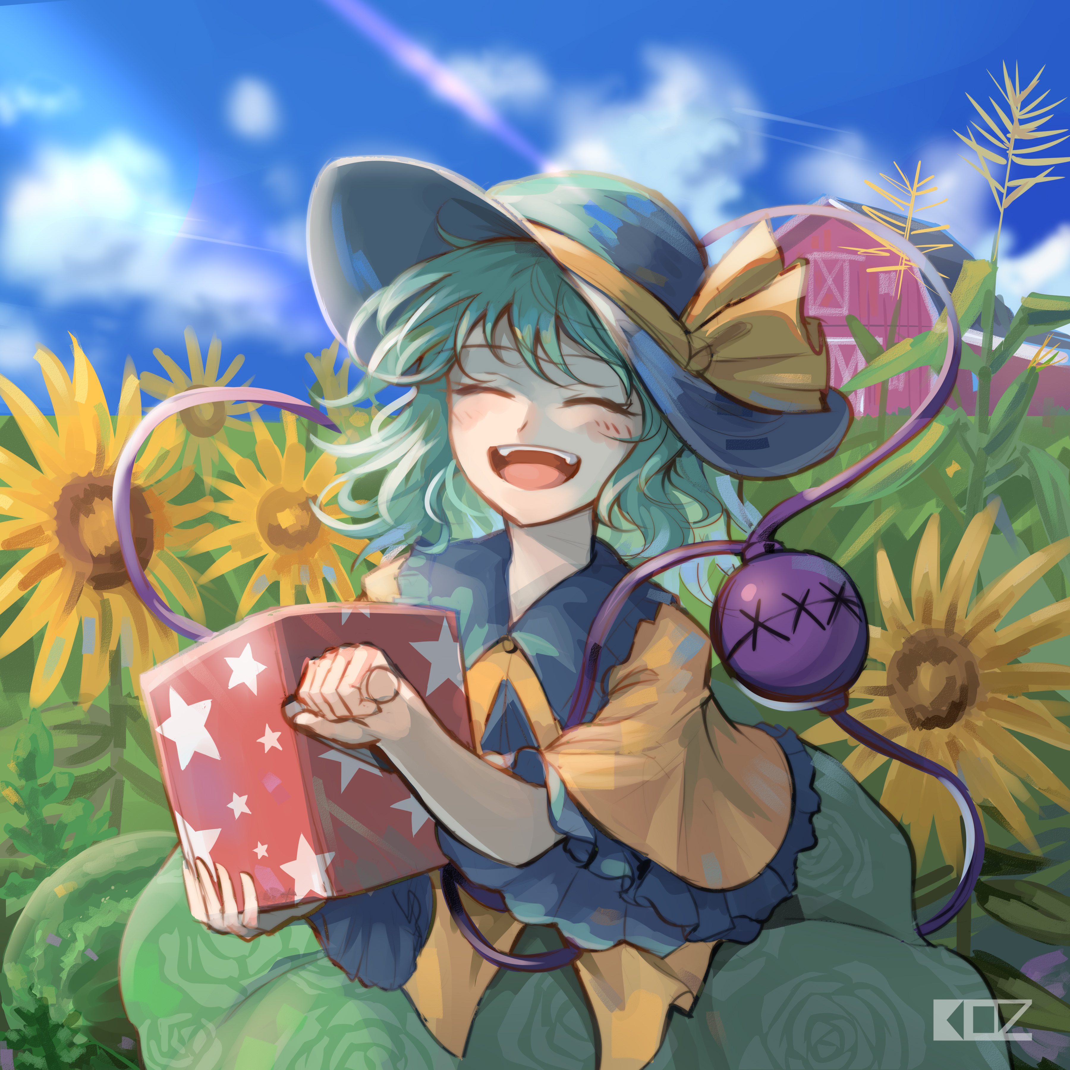 edz drawz, komeiji koishi, touhou, absurdres, commentary, english commentary, highres, 1girl, artist logo, barn, black hat, blue sky, blush, box, closed eyes, cloud, contrast collar, cowboy shot, day, field, floral print, flower, flower field, food, frilled sleeves, frills, fruit, green hair, green skirt, happy, hat, hat ribbon, holding, holding box, jack-in-the-box, logo, long sleeves, medium hair, open mouth, outdoors, print skirt, ribbon, rose print, shirt, skirt, sky, smile, solo, standing, sunflower, sunflower field, teeth, third eye, upper teeth only, watermelon, wide sleeves, yellow flower, yellow ribbon, yellow shirt