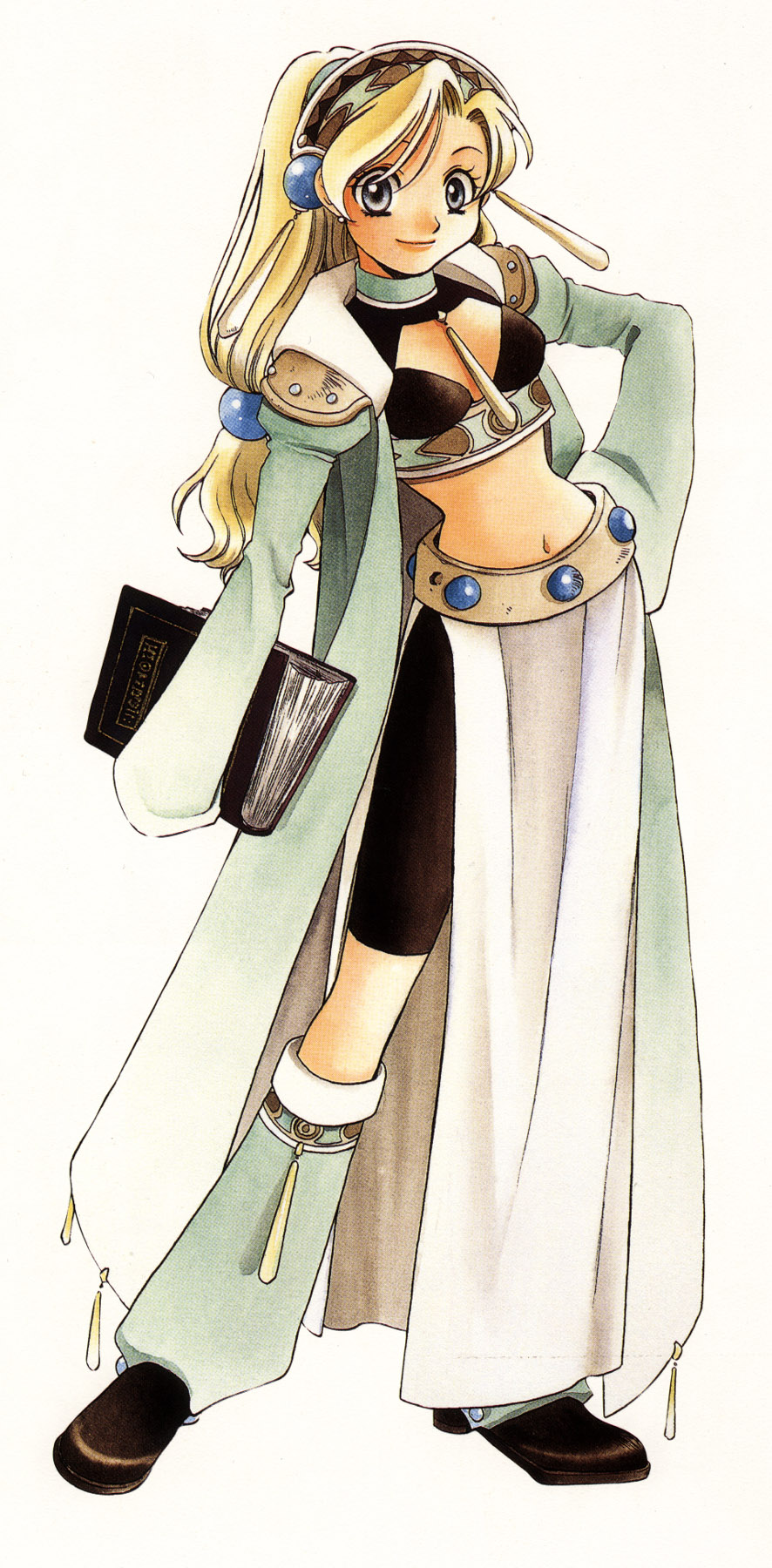 kohime ohse, ohse kohime, marlone, atelier (series), atelier marie, gust, highres, long image, tall image, 1990s (style), 1girl, alchemist, alchemy, book, boots, female focus, knee boots, long hair, low-tied long hair, magic, retro artstyle, solo