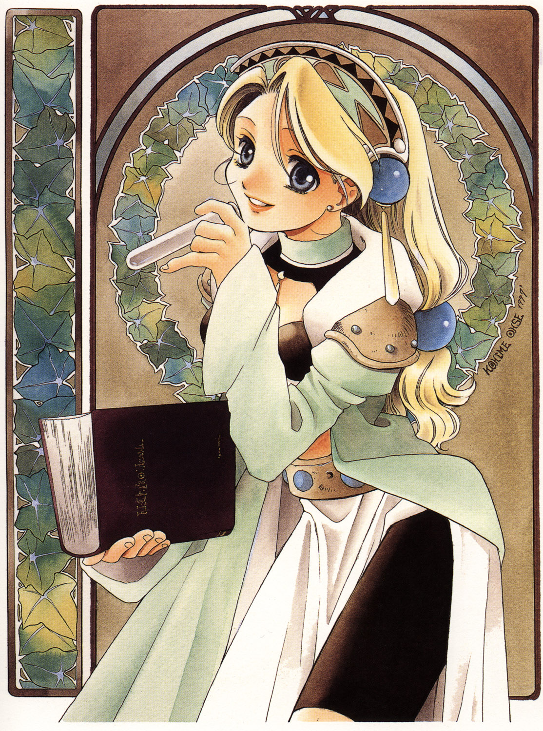 kohime ohse, ohse kohime, marlone, atelier (series), atelier marie, gust, highres, 1990s (style), 1girl, alchemist, alchemy, art nouveau, book, female focus, long hair, low-tied long hair, magic, retro artstyle, solo, test tube