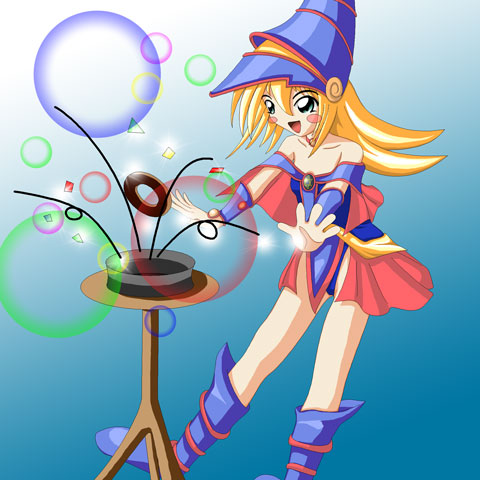 dark magician girl, yu-gi-oh!, yu-gi-oh! duel monsters, lowres, 1girl, blue background, blue boots, boots, donut, duel monster, female focus, flat chest, food, magic, pentacle, solo