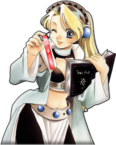 ohse kohime, marlone, atelier (series), atelier marie, death note, gust, lowres, third-party edit, 1990s (style), 1girl, alchemist, blonde hair, blue eyes, book, death, death note (object), female focus, long hair, magic, note, notebook, one eye closed, parody, retro artstyle, smile, solo, test tube, transparent background, wink