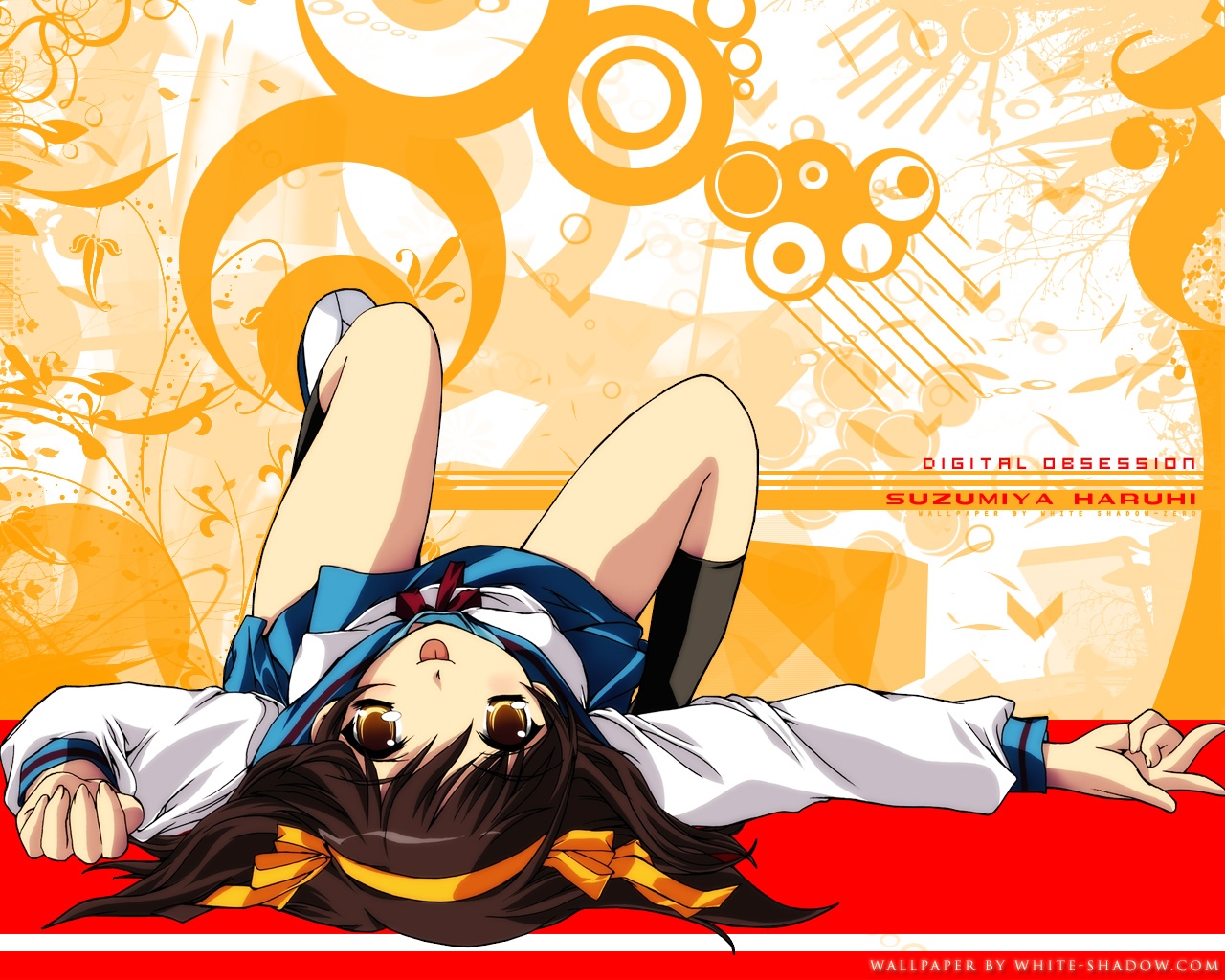 aizawa hiroshi, suzumiya haruhi, suzumiya haruhi no yuuutsu, 00s, 1girl, brown hair, female focus, hair ribbon, lying, ribbon, school uniform, serafuku, solo, tongue, upside-down, yellow eyes