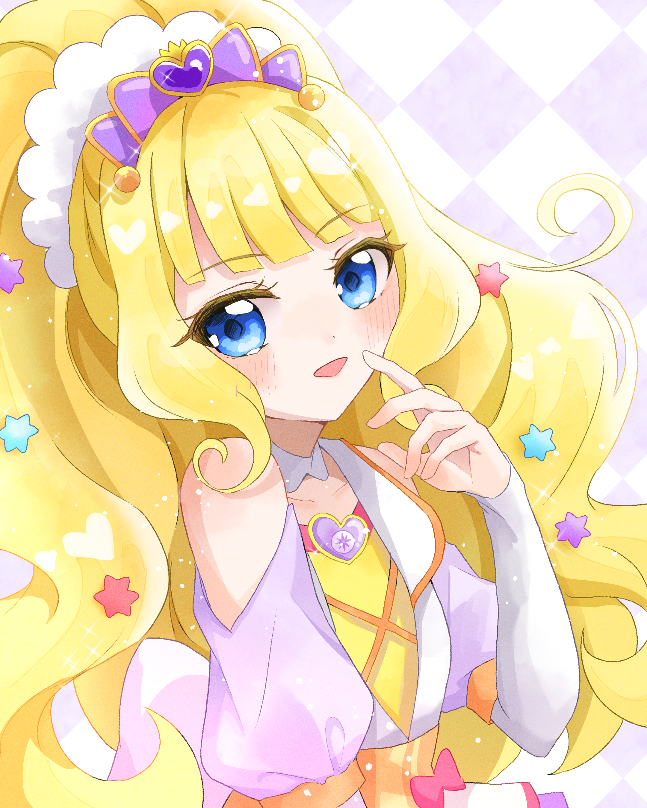 cure finale, kasai amane, delicious party precure, precure, absurdres, highres, 1girl, apron, argyle background, argyle clothes, argyle shirt, bare shoulders, blonde hair, blue eyes, blunt bangs, bow, brooch, checkered background, clothing cutout, collar, collarbone, collared dress, detached collar, dot nose, dress, eyelashes, hair bow, hair ornament, happy, heart, heart brooch, heart hair ornament, high ponytail, homu (pixiv 61217676), jewelry, layered sleeves, light blush, light particles, long hair, long sleeves, magical girl, open mouth, orange corset, pink bow, ponytail, puffy short sleeves, puffy sleeves, purple background, purple bow, purple brooch, purple dress, shirt, shirt under dress, short over long sleeves, short sleeves, shoulder cutout, sleeves past wrists, smile, solo, star (symbol), star hair ornament, two-tone background, upper body, very long hair, waist apron, white background, white collar, white sleeves, yellow eyeliner, yellow shirt
