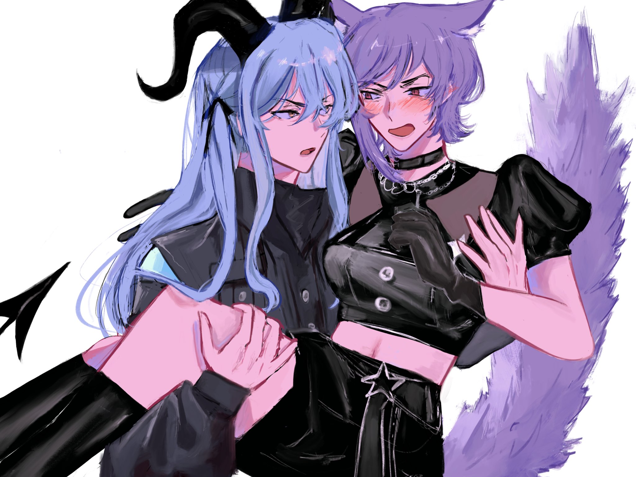 hyutena, togawa sakiko, yuutenji nyamu, arknights, bang dream!, bang dream! it's mygo!!!!!, commentary, english commentary, highres, 2girls, animal ears, black boots, black choker, black gloves, black skirt, blush, boots, carrying, cat ears, cat girl, cat tail, choker, crop top, embarrassed, gloves, grey jacket, hair between eyes, horns, jacket, long sleeves, multiple girls, navel, open mouth, princess carry, puffy short sleeves, puffy sleeves, purple hair, short hair, short sleeves, skirt, tail, togawa sakiko (master of melodia), yellow eyes, yuutenji nyamu (magician of passion)