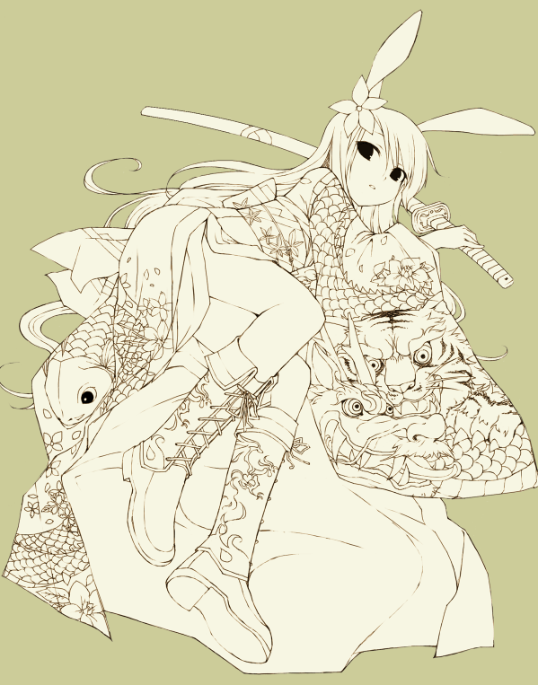 ikura hato, original, 1girl, animal ears, boots, female focus, japanese clothes, kimono, monochrome, rabbit ears, solo, sword, weapon, yellow theme