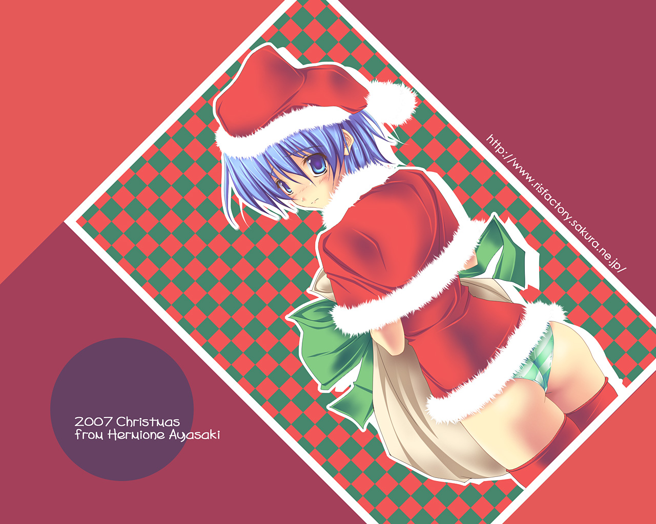 hermione ayasaki, ruschuto, ayasaki hayate, hayate no gotoku!, original, 00s, 1girl, ass, blue eyes, blue hair, blush, capelet, christmas, female focus, genderswap, genderswap (mtf), matching hair/eyes, panties, santa costume, solo, striped clothes, striped panties, thighhighs, underwear