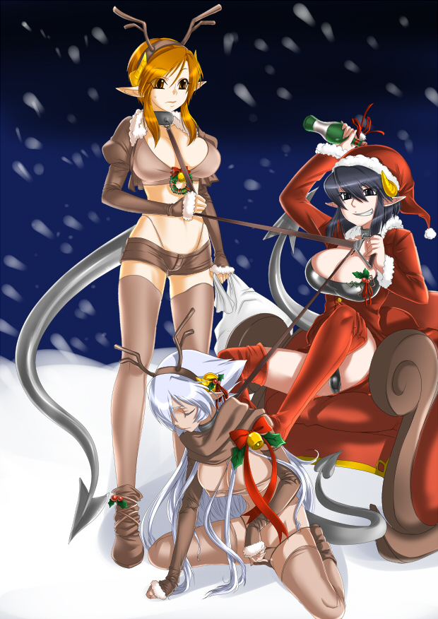 695 (mukuko), original, 3girls, antlers, christmas, horns, midriff, multiple girls, navel, pointy ears, santa costume, snow, snowing, thighhighs