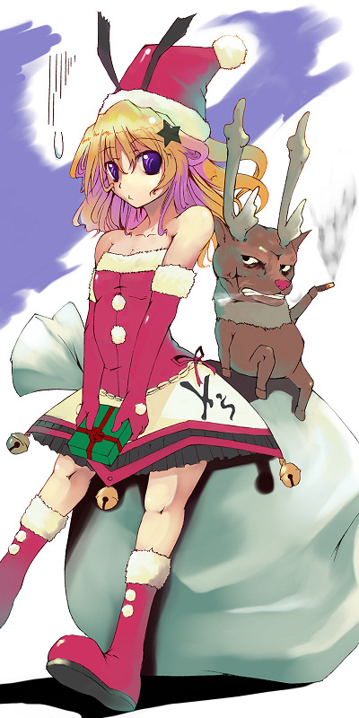 sts, original, santa boots, 1girl, bare shoulders, bell, blonde hair, boots, box, christmas, cigarette, elbow gloves, female focus, gift, gift box, gloves, hair ornament, hat, holding, jingle bell, long hair, pom pom (clothes), purple eyes, red boots, red gloves, reindeer, sack, santa costume, santa hat, sitting, solo, star (symbol), star hair ornament, sweatdrop