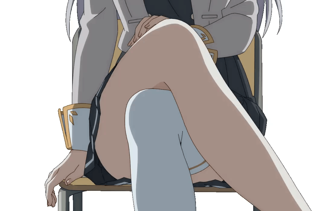 alisa mikhailovna kujou, tokidoki bosotto roshia-go de dereru tonari no alya-san, absurdres, animated, animated gif, highres, huge filesize, 1girl, bare legs, barefoot, black skirt, blazer, brown jacket, chair, crossed legs, feet, female focus, foot focus, grey hair, hand on chair, hand on own knee, hand on own leg, hand on own thigh, jacket, kneehighs, legs, long hair, lower body, miniskirt, pleated skirt, school uniform, sexually suggestive, simple background, sitting, skirt, socks, solo, solo focus, thighhighs, thighs, thighs focus, toes, upskirt, white background, white thighhighs, zettai ryouiki