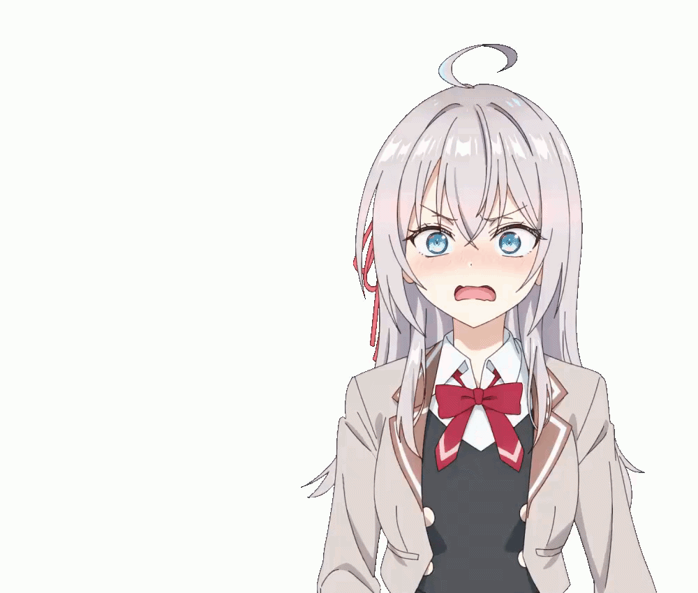 alisa mikhailovna kujou, tokidoki bosotto roshia-go de dereru tonari no alya-san, absurdres, animated, animated gif, highres, 1girl, ahoge, black skirt, black vest, blazer, blue eyes, blush, bowtie, breasts, brown jacket, collared shirt, dot nose, embarrassed, female focus, grey hair, jacket, long hair, long sleeves, looking back, medium breasts, miniskirt, multiple expressions, open mouth, pleated skirt, red bow, red bowtie, school uniform, shirt, shirt under vest, simple background, skirt, solo, solo focus, teeth, vest, white background, white shirt