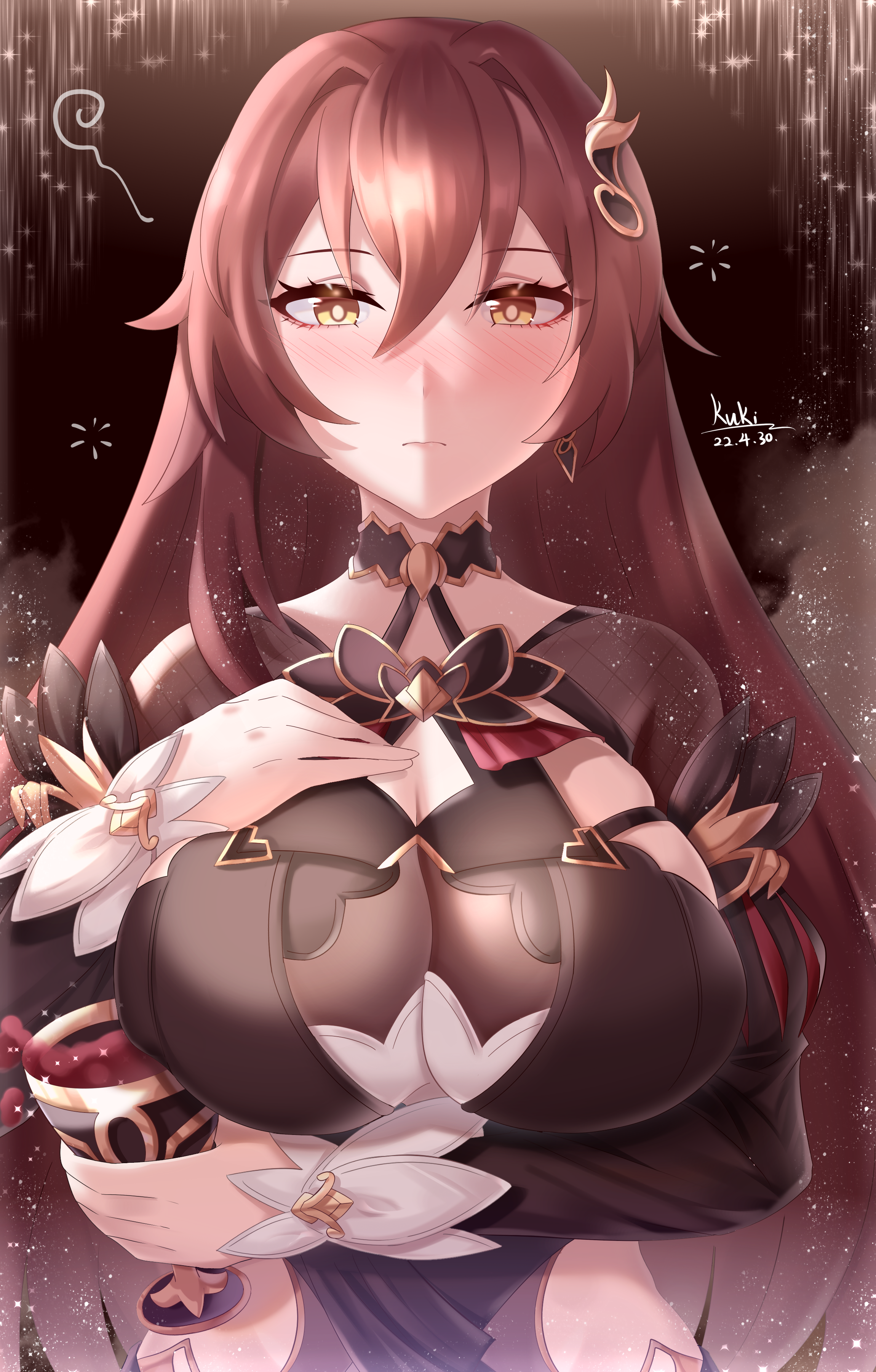 cutescookie, eden (honkai impact), honkai (series), honkai impact 3rd, absurdres, commentary request, highres, 1girl, arm under breasts, artist name, black dress, breasts, chalice, cleavage cutout, clothing cutout, cup, dated, dress, earrings, hand on own chest, holding, holding cup, jewelry, large breasts, long hair, looking at viewer, see-through cleavage, see-through clothes, solo, upper body, very long hair, yellow eyes