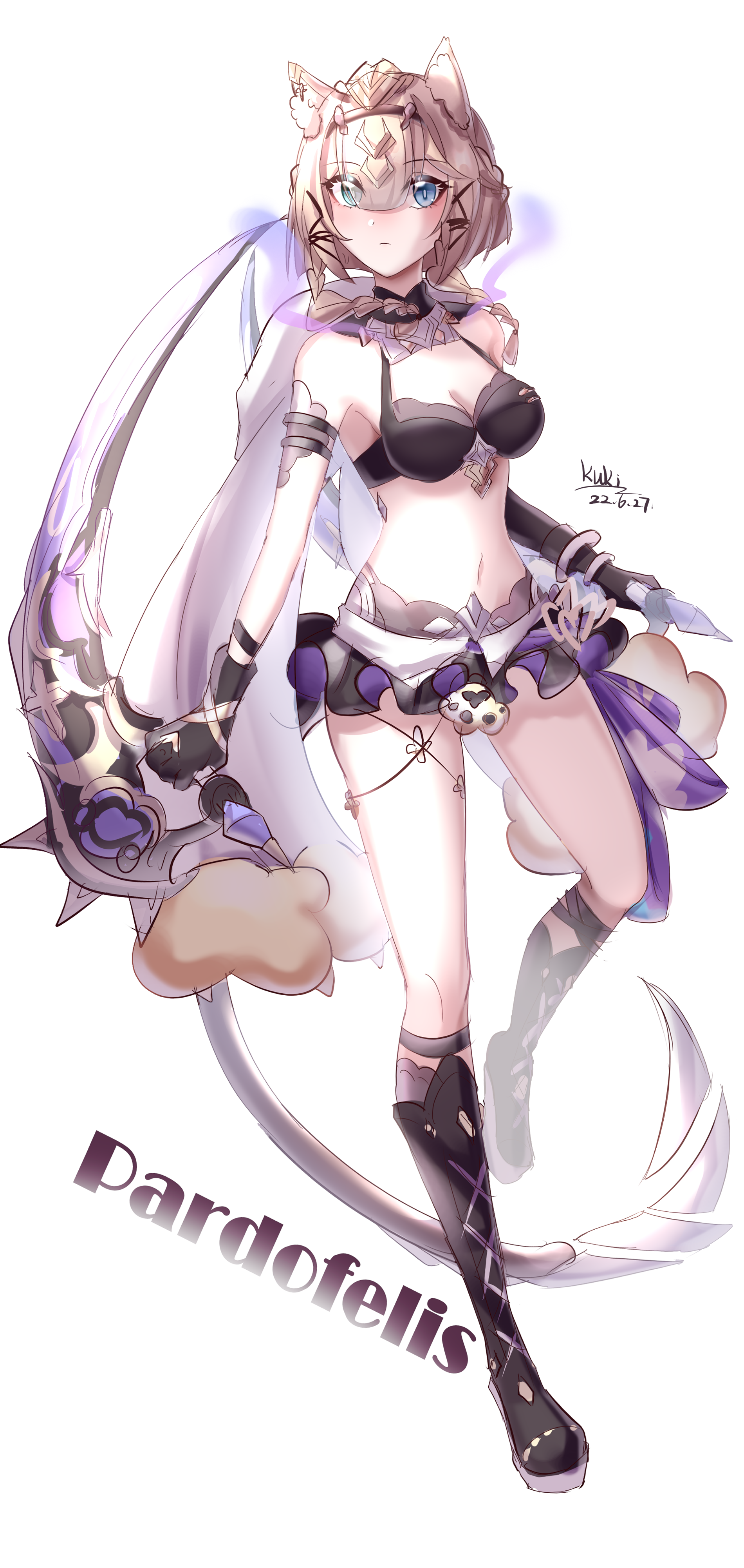 cutescookie, pardofelis, pardofelis (reverist calico), honkai (series), honkai impact 3rd, absurdres, commentary request, highres, 1girl, animal ears, bikini, bikini top only, black bikini, black boots, black shorts, blue eyes, blunt bangs, boots, breasts, brown hair, cat ears, cat girl, cat tail, character name, cleavage, dated, gloves, green eyes, hetero, medium breasts, navel, short hair with long locks, short shorts, shorts, simple background, solo, stomach, swimsuit, tail, white background