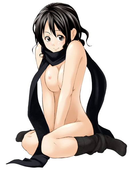 1girl, black eyes, black hair, black scarf, black socks, breasts, female focus, full body, large breasts, looking at viewer, naked scarf, nipples, nude, scarf, short hair, simple background, sitting, socks, solo, wariza, white background