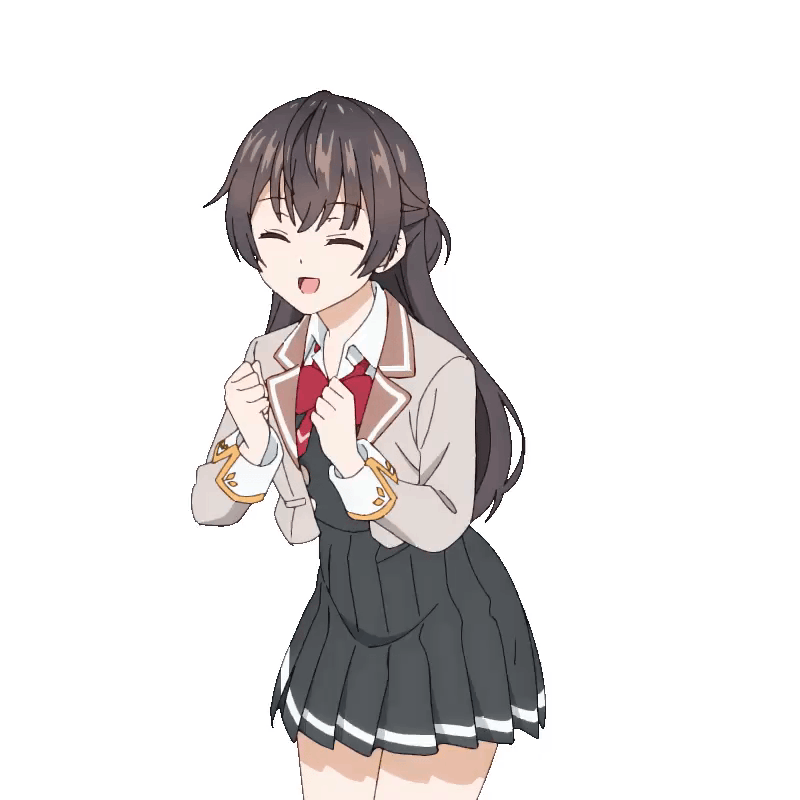 suou yuki, tokidoki bosotto roshia-go de dereru tonari no alya-san, absurdres, animated, animated gif, highres, 1girl, black hair, black skirt, black vest, blazer, bow, bowtie, breasts, brown jacket, closed eyes, collared shirt, dancing, dot nose, female focus, jacket, long hair, long sleeves, miniskirt, open mouth, pleated skirt, red bow, red bowtie, school uniform, shirt, shirt under vest, simple background, skirt, small breasts, smile, solo, vest, white background, white shirt