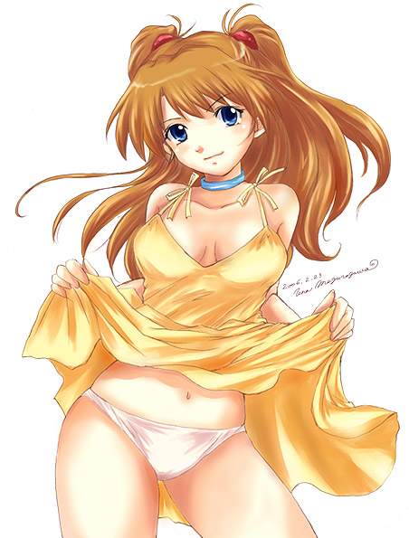 souryuu asuka langley, neon genesis evangelion, 1girl, clothes lift, dress, dress lift, female focus, panties, skirt, skirt lift, solo, underwear, yellow dress
