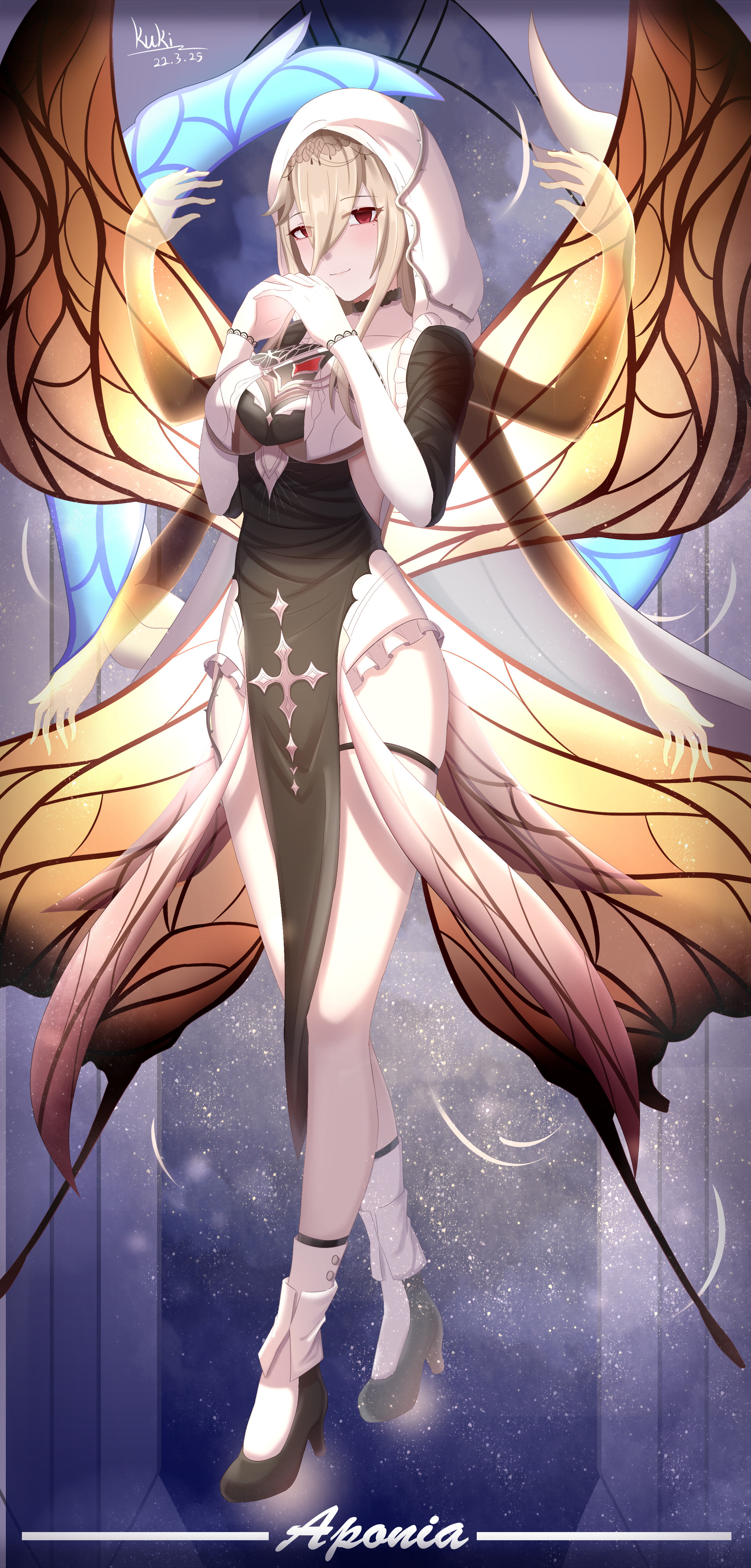 cutescookie, aponia, honkai (series), honkai impact 3rd, absurdres, commentary request, highres, 1girl, blonde hair, breast curtains, butterfly wings, character name, extra arms, full body, high heels, insect wings, medium hair, pelvic curtain, red eyes, smile, socks, solo, thigh strap, veil, white socks, white veil, wings