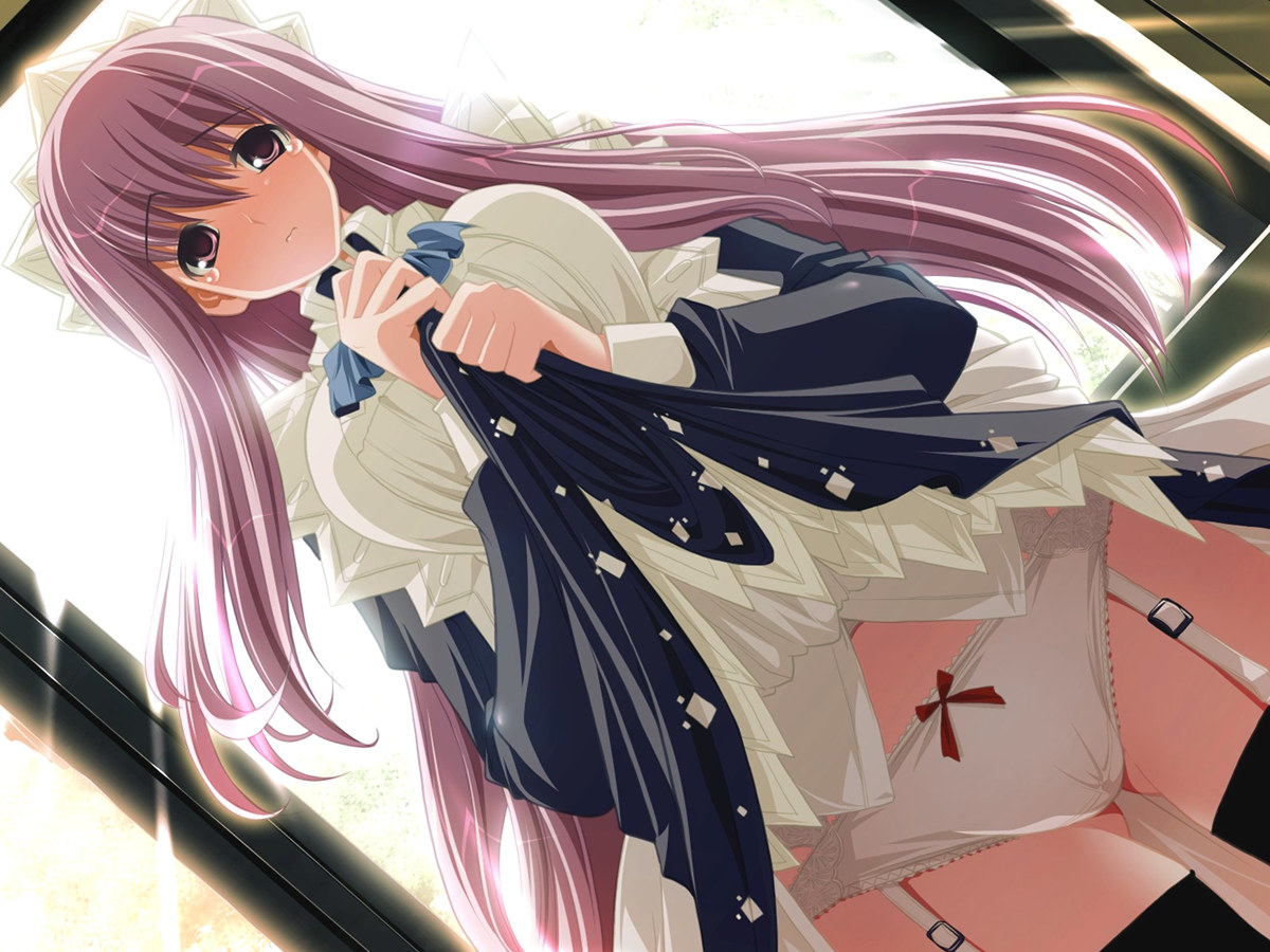 hakugin no soleil, grabbing, game cg, non-web source, 1girl, blush, breasts, clothes lift, dutch angle, female focus, garter belt, groin, headdress, large breasts, lingerie, long hair, maid, panties, pink eyes, pink hair, purple hair, skirt, skirt lift, solo, sunlight, tears, thighhighs, underwear, window