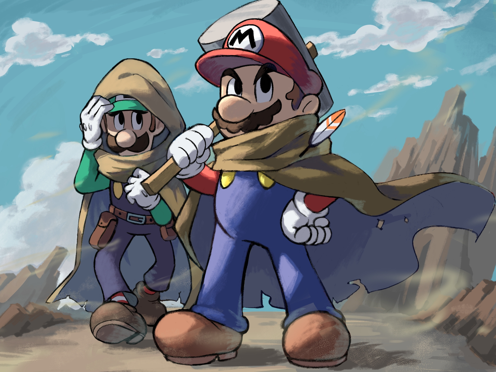 yamari (ya mari 6363), luigi, mario, mario & luigi rpg, mario (series), nintendo, highres, 2boys, belt, blue overalls, blue sky, boots, brothers, brown boots, brown cape, brown hair, cape, cape feather (mario), cloud, facial hair, gloves, green hat, green shirt, hammer, hand on own hip, hat, holding, holding hammer, holding weapon, hood, hood up, male focus, masanori sato (style), mountain, multiple boys, mustache, newsboy cap, outdoors, over shoulder, overalls, red hat, red shirt, rock, shirt, short hair, siblings, sky, twins, weapon, weapon over shoulder, white gloves