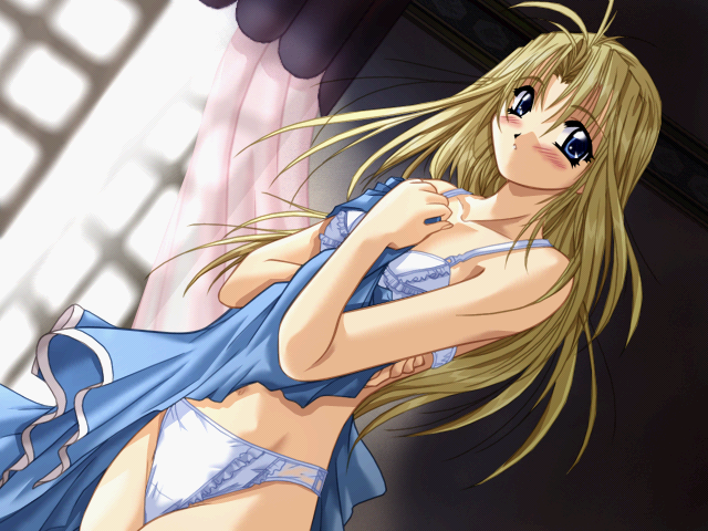 yamamoto kazue, tira pompadour, men at work!, game cg, 1girl, blue eyes, blush, bra, brown hair, female focus, lingerie, long hair, panties, solo, underwear, underwear only, undressing, window
