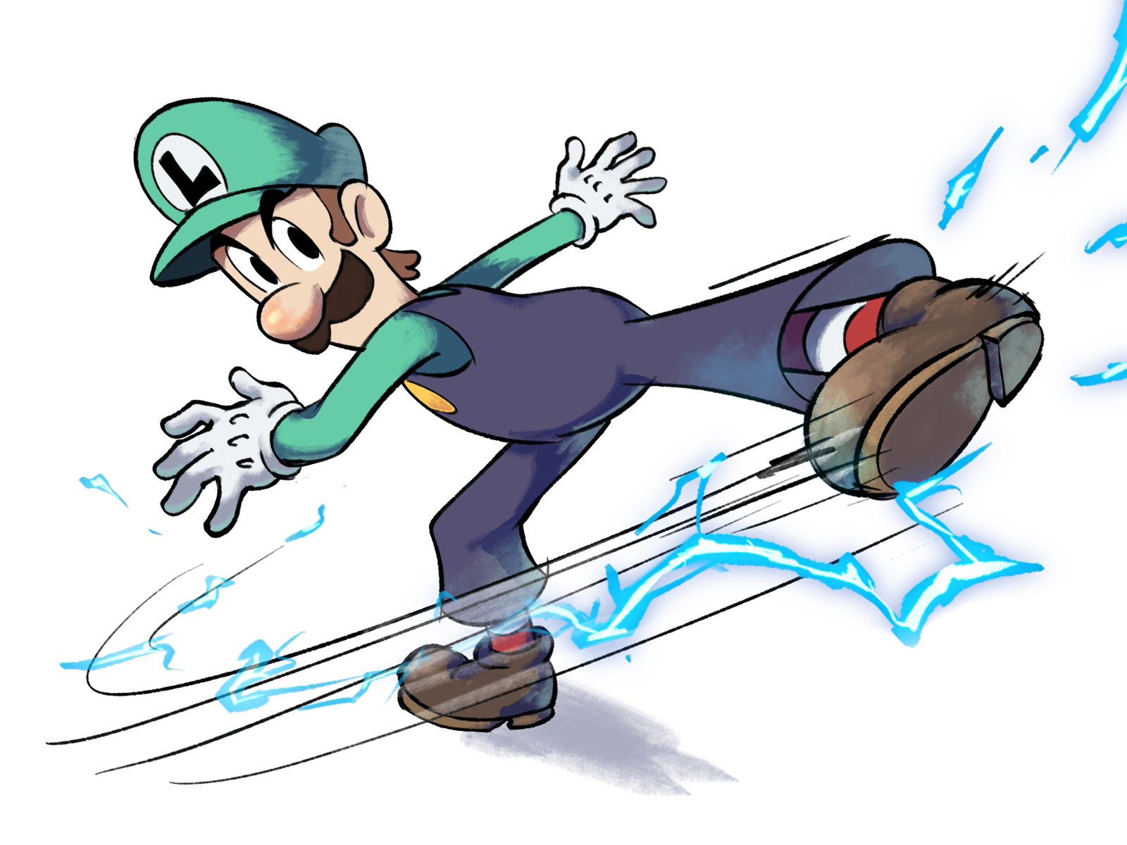 yamari (ya mari 6363), luigi, mario (series), nintendo, highres, 1boy, blue overalls, brown hair, brown shoes, electricity, facial hair, full body, gloves, green hat, green shirt, hat, long sleeves, male focus, masanori sato (style), motion lines, mustache, newsboy cap, overalls, red socks, shadow, shirt, shoes, short hair, simple background, socks, solo, standing, standing on one leg, striped clothes, striped socks, white background, white gloves, white socks