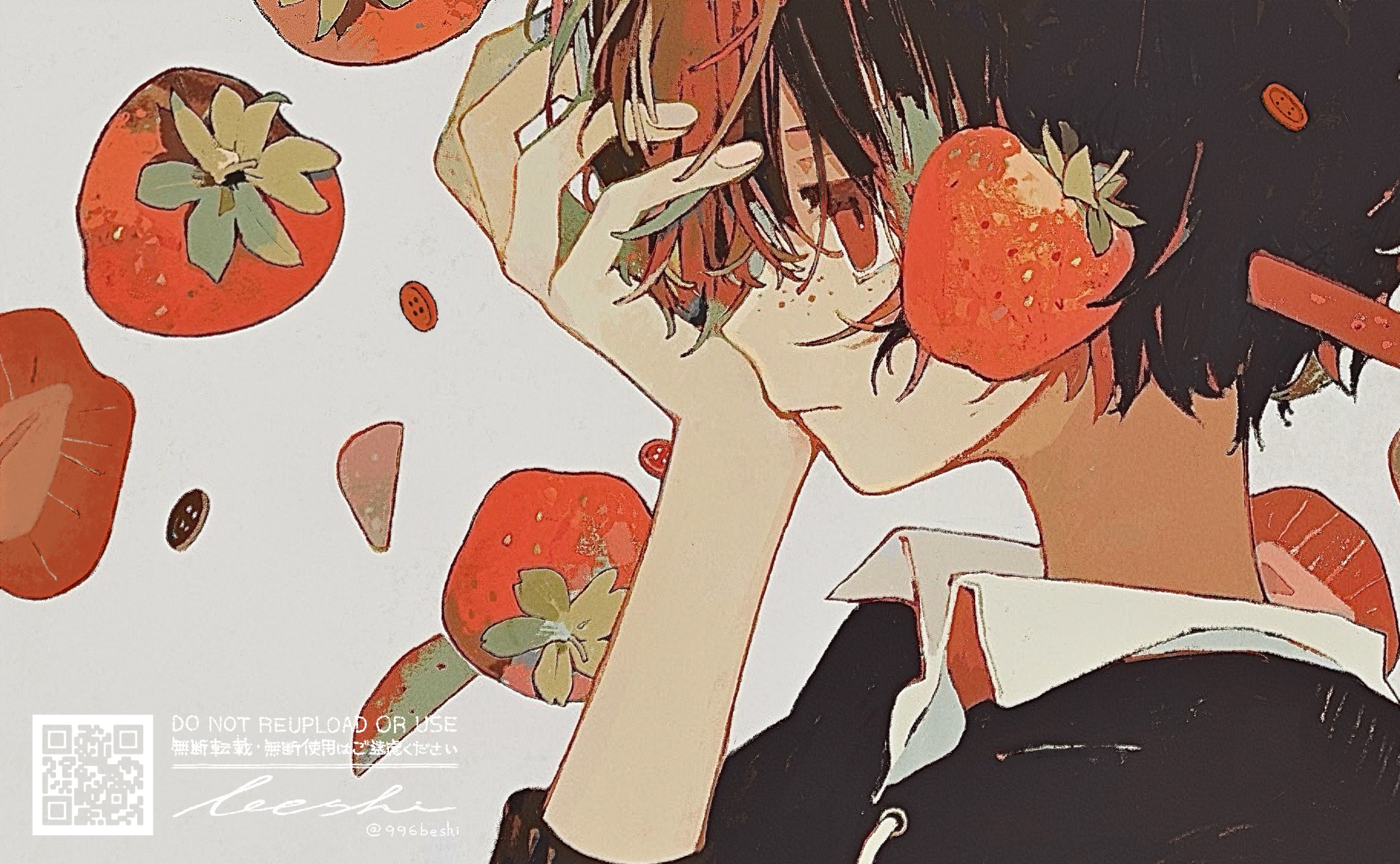 ka (996beshi), original, highres, 1boy, black hair, buttons, closed mouth, collared shirt, food, from side, fruit, hand over eye, hand up, male focus, profile, shirt, short hair, solo, strawberry