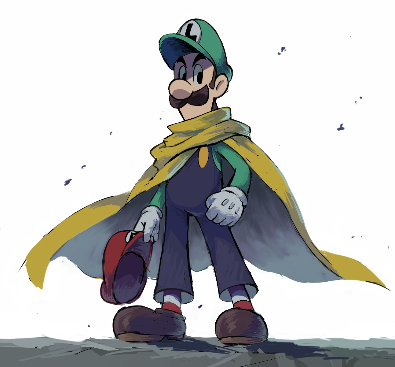 yamari (ya mari 6363), luigi, mario & luigi rpg, mario (series), nintendo, highres, 1boy, blue overalls, boots, brown boots, cape, facial hair, gloves, green hat, green shirt, hat, holding, holding unworn clothes, holding unworn hat, male focus, masanori sato (style), mustache, overalls, red hat, shirt, simple background, socks, solo, striped clothes, striped socks, unworn hat, unworn headwear, white background, white gloves, yellow cape