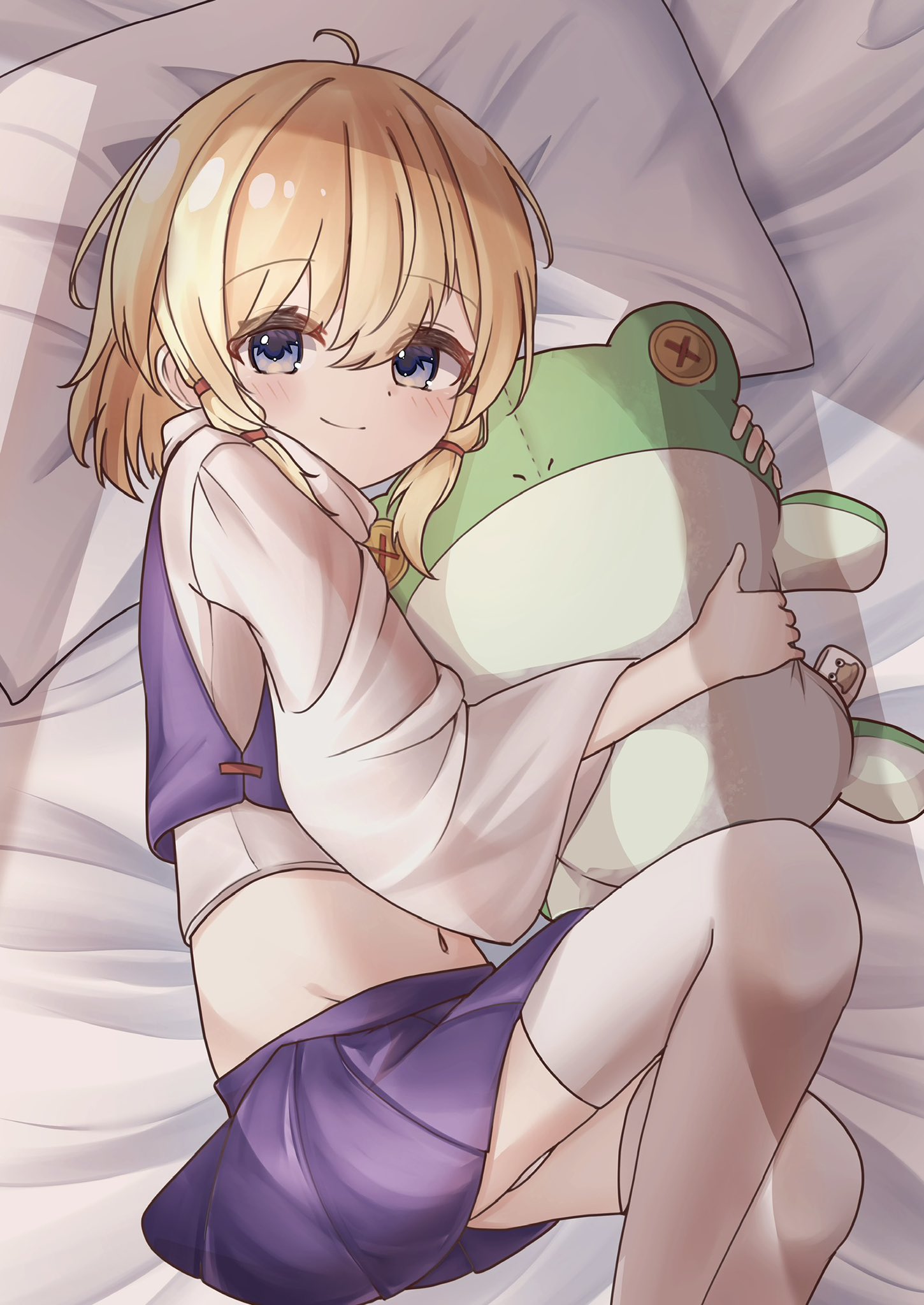 tsubakipan, moriya suwako, touhou, commentary request, highres, 1girl, ahoge, blonde hair, blue eyes, blush, dot nose, feet out of frame, hair between eyes, hair ribbon, looking at viewer, lying, midriff, navel, no headwear, on bed, on side, panties, pantyshot, pillow, purple skirt, purple vest, red ribbon, ribbon, short hair with long locks, skirt, skirt set, smile, solo, stuffed animal, stuffed frog, stuffed toy, thighhighs, underwear, vest, white thighhighs