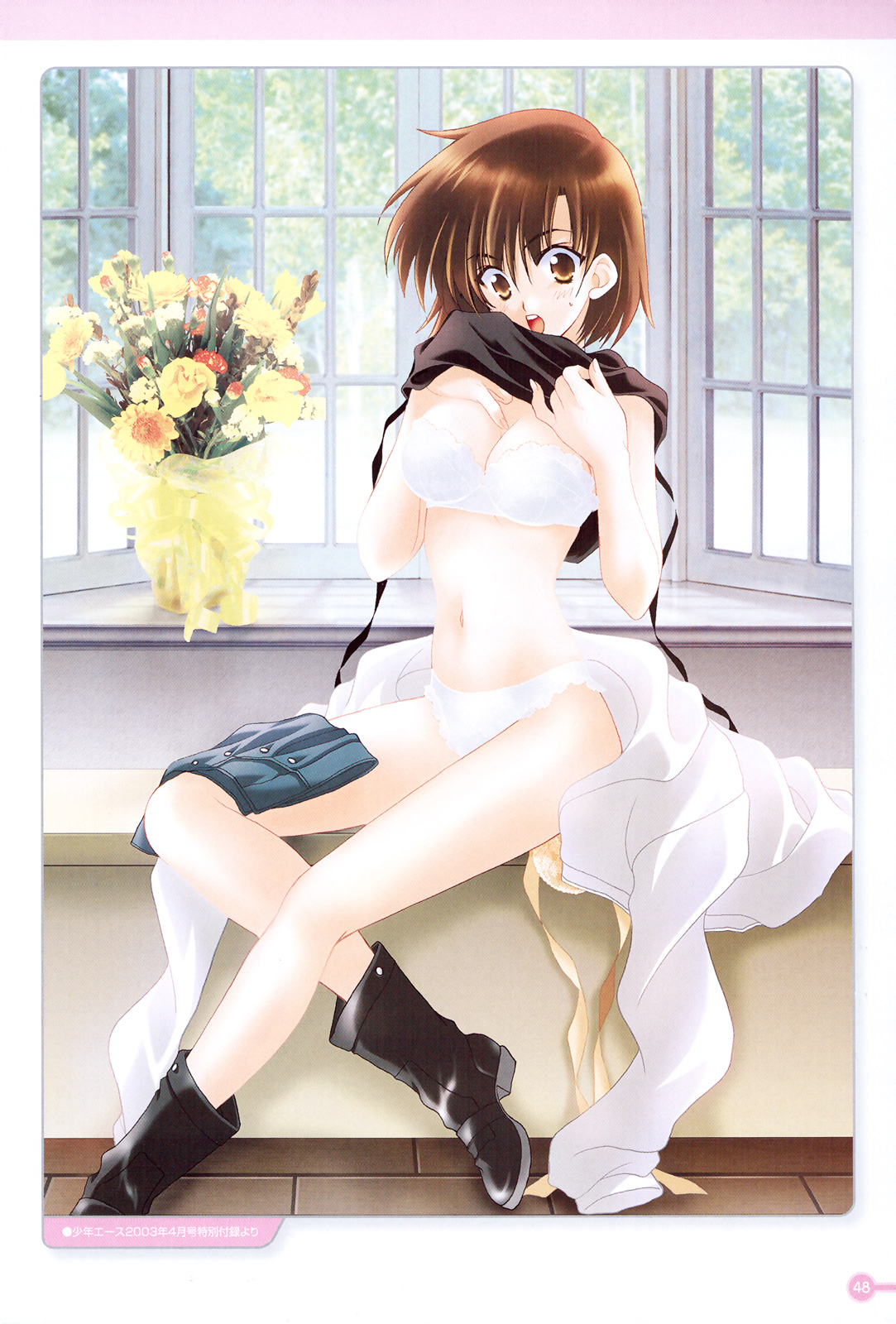 mario kaneda, kojima kirie, girls bravo, highres, official art, scan, 00s, 1girl, :o, bandeau, blush, boots, border, bouquet, bra, breasts, brown hair, buttons, cleavage, clothes lift, crossed legs, dated, denim, denim skirt, embarrassed, female focus, flower, hair between eyes, hand on own chest, hand under clothes, hand under shirt, high heels, indoors, lace, lace-trimmed bra, lace-trimmed panties, lace trim, large breasts, legs, lingerie, looking at viewer, navel, open clothes, open mouth, open shirt, orange eyes, panties, pinky out, ribbon, shirt, shirt lift, shoes, short hair, sitting, skirt, solo, strapless, strapless bra, sunlight, surprised, sweatdrop, tile floor, tiles, tree, underwear, undressing, white bra, white panties, window, yellow bra