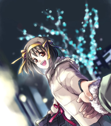 fujimura kyuu, suzumiya haruhi, suzumiya haruhi no yuuutsu, bookbag, lowres, 00s, 1girl, bag, hair ribbon, hairband, holding hands, jacket, ribbon, solo focus, tree