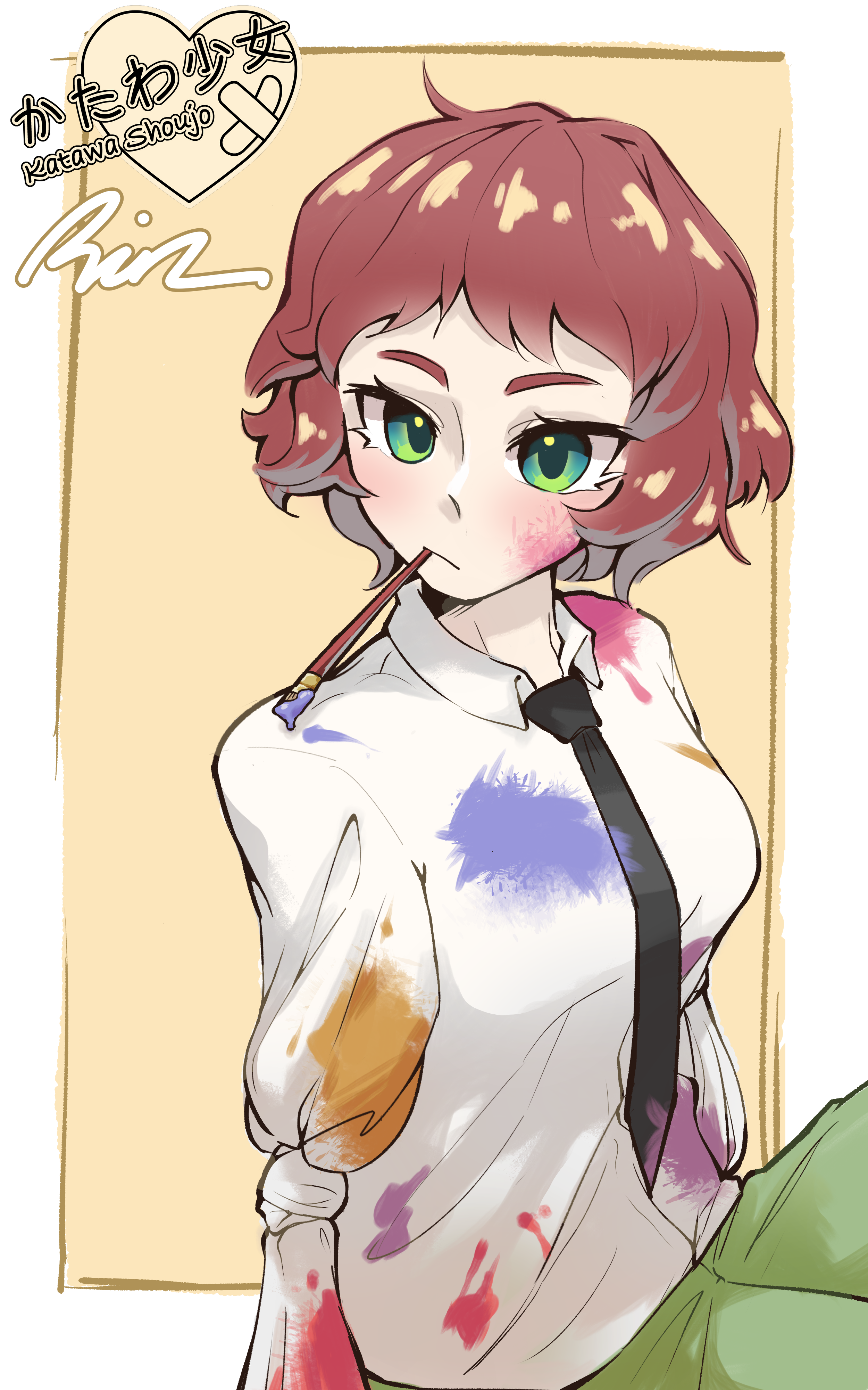 tezuka rin, katawa shoujo, absurdres, artist request, commentary, english commentary, highres, 1girl, amputee, armless amputee, black necktie, border, character name, collared shirt, copyright logo, copyright name, double amputee, eyelashes, green eyes, green pants, holding, holding paintbrush, mouth hold, necktie, paint on clothes, paint splatter, paint splatter on face, paintbrush, paintbrush in mouth, pants, red hair, school uniform, shirt, short hair, sleeve tied shut, solo, white border, white shirt, yamaku high school uniform
